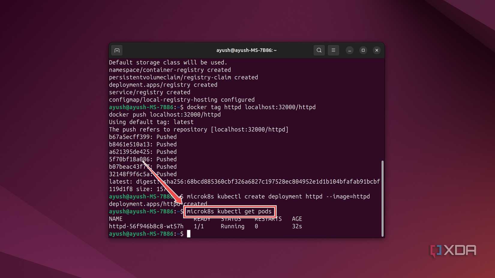 The terminal command to check the MicroK8s pods in Ubuntu
