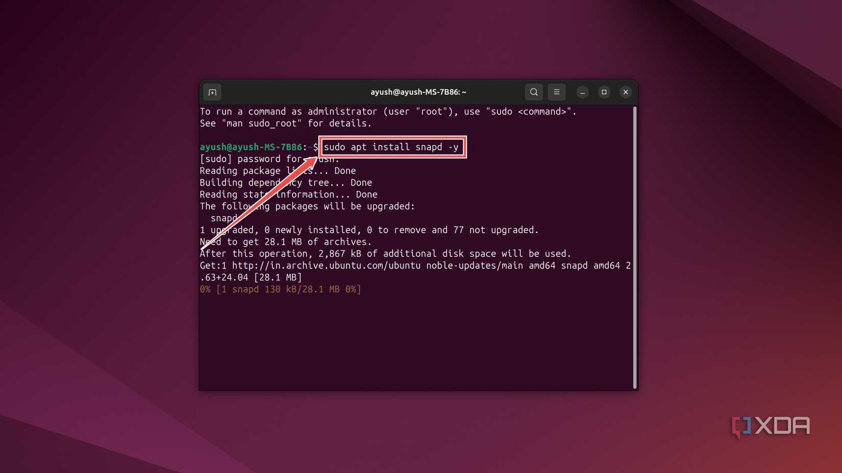 Installing the Snapd package in the Ubuntu terminal