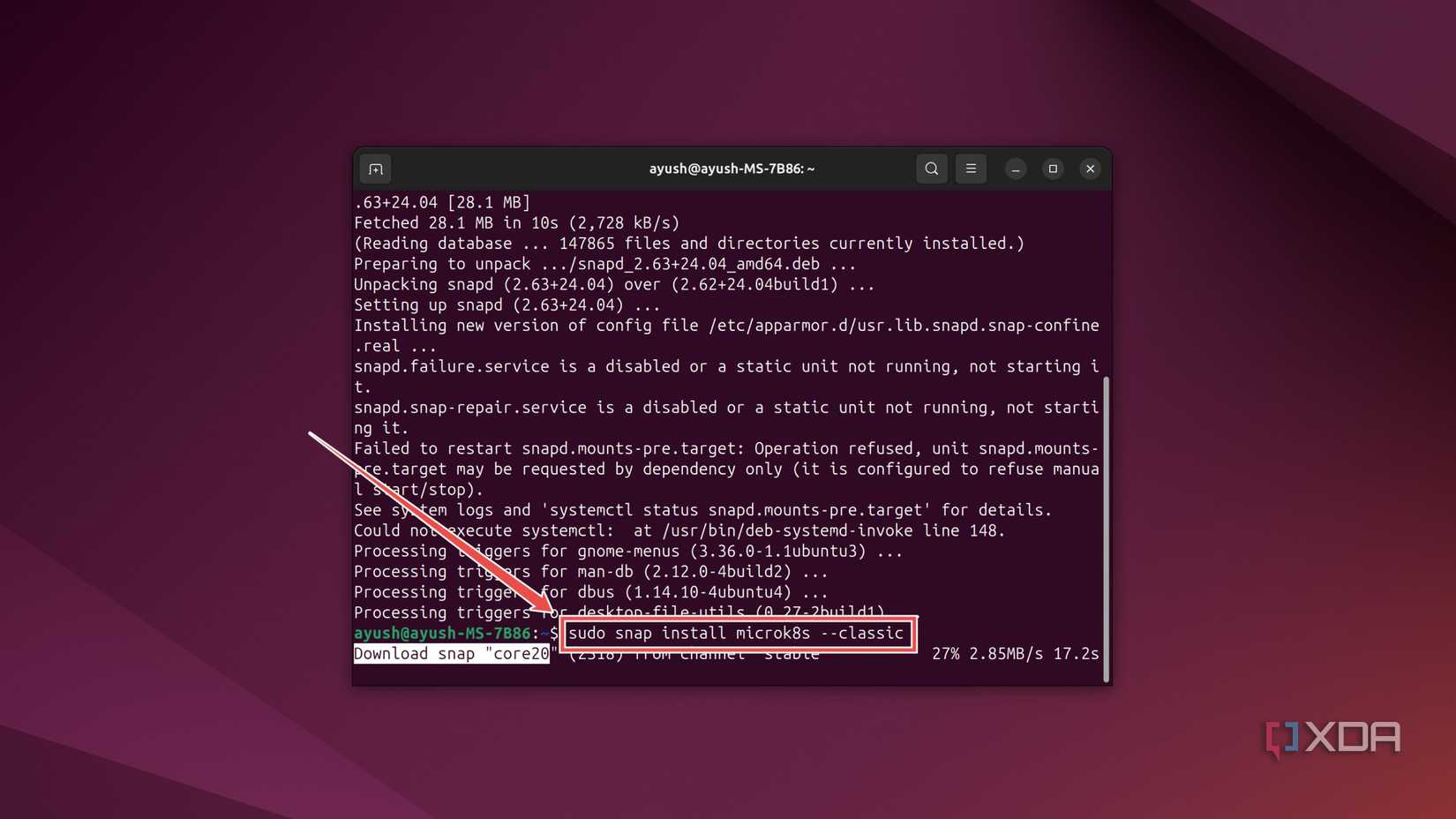 Installing the MicroK8s package in the Ubuntu terminal