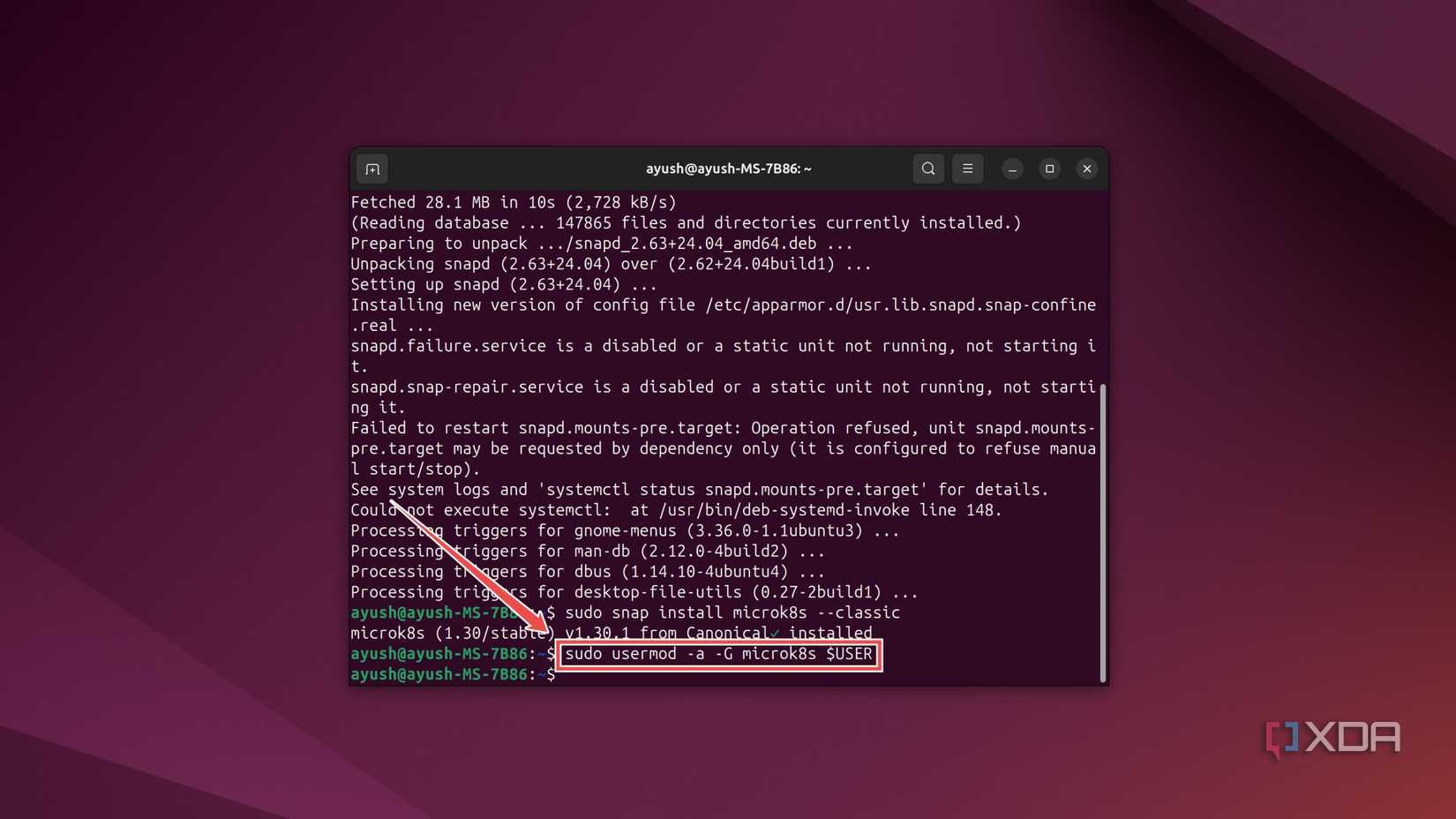 Using the usermod command in the Ubuntu terminal