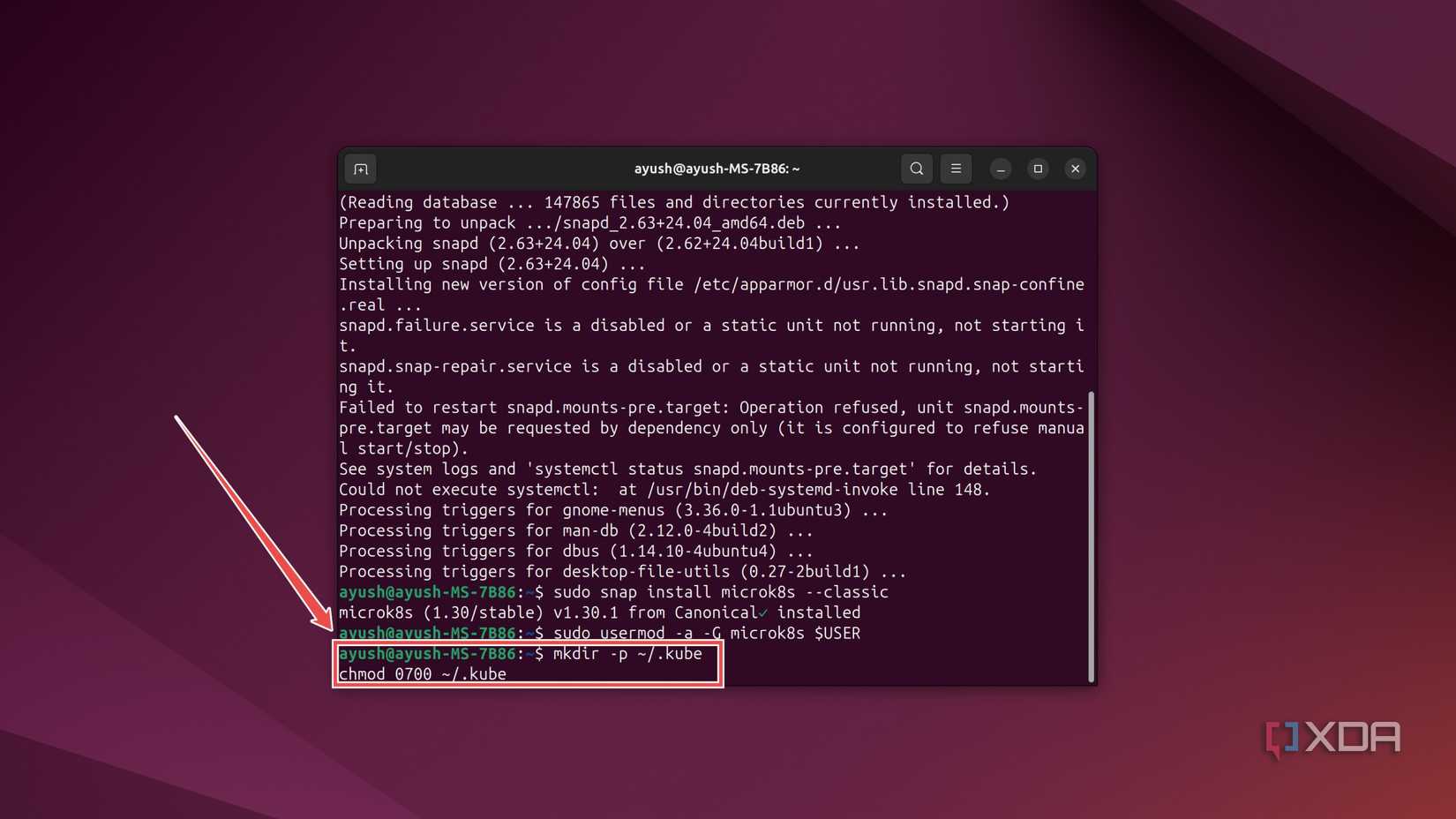 The commands to create the kube directory and modify its access permissions in the Ubuntu terminal