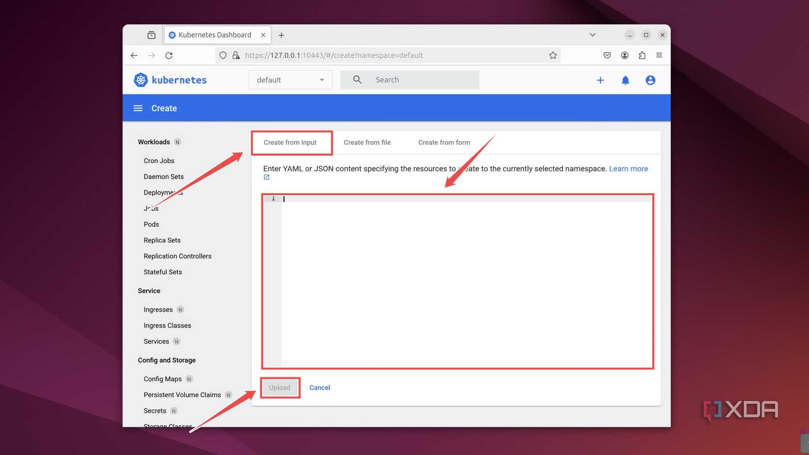 Enter the YAML file code to create a container using the MicroK8s Dashboard