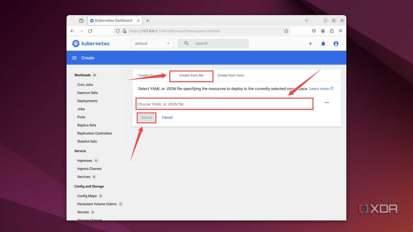 Picking the YAML file to create a container using the MicroK8s Dashboard