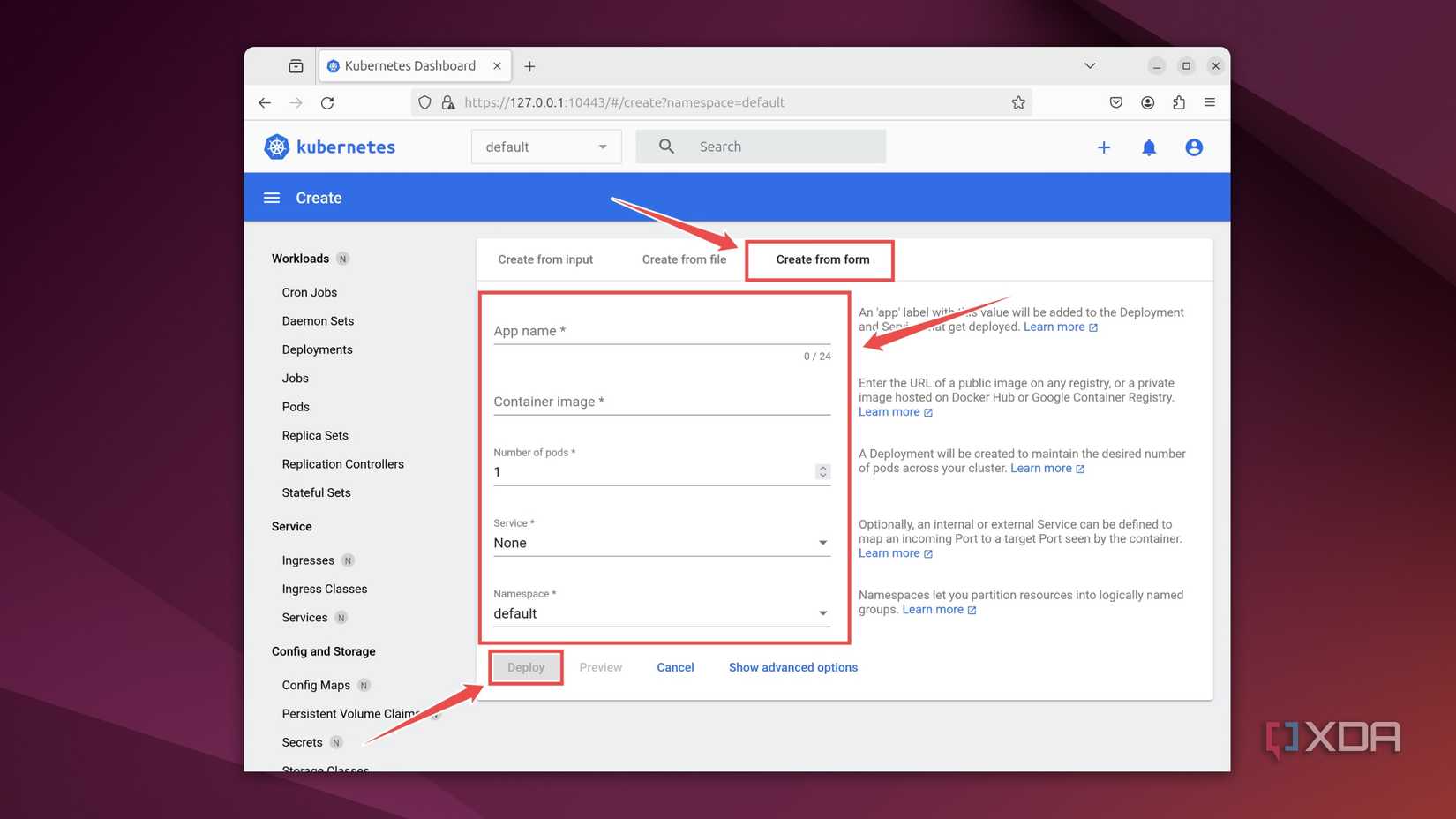 Deploying a container using the MicroK8s Dashboard
