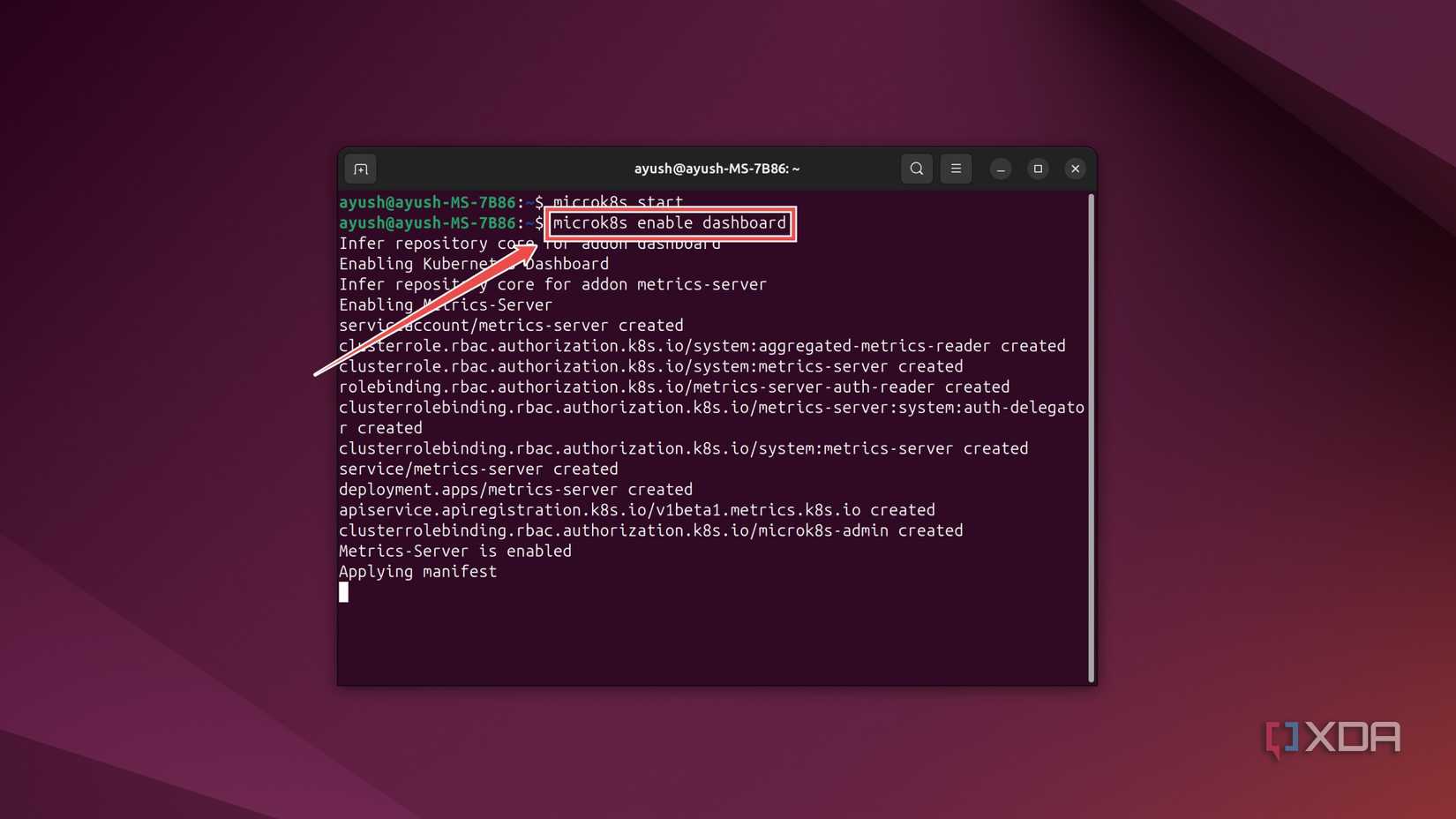 Enabling the MicroK8s Dashboard in the Ubuntu terminal