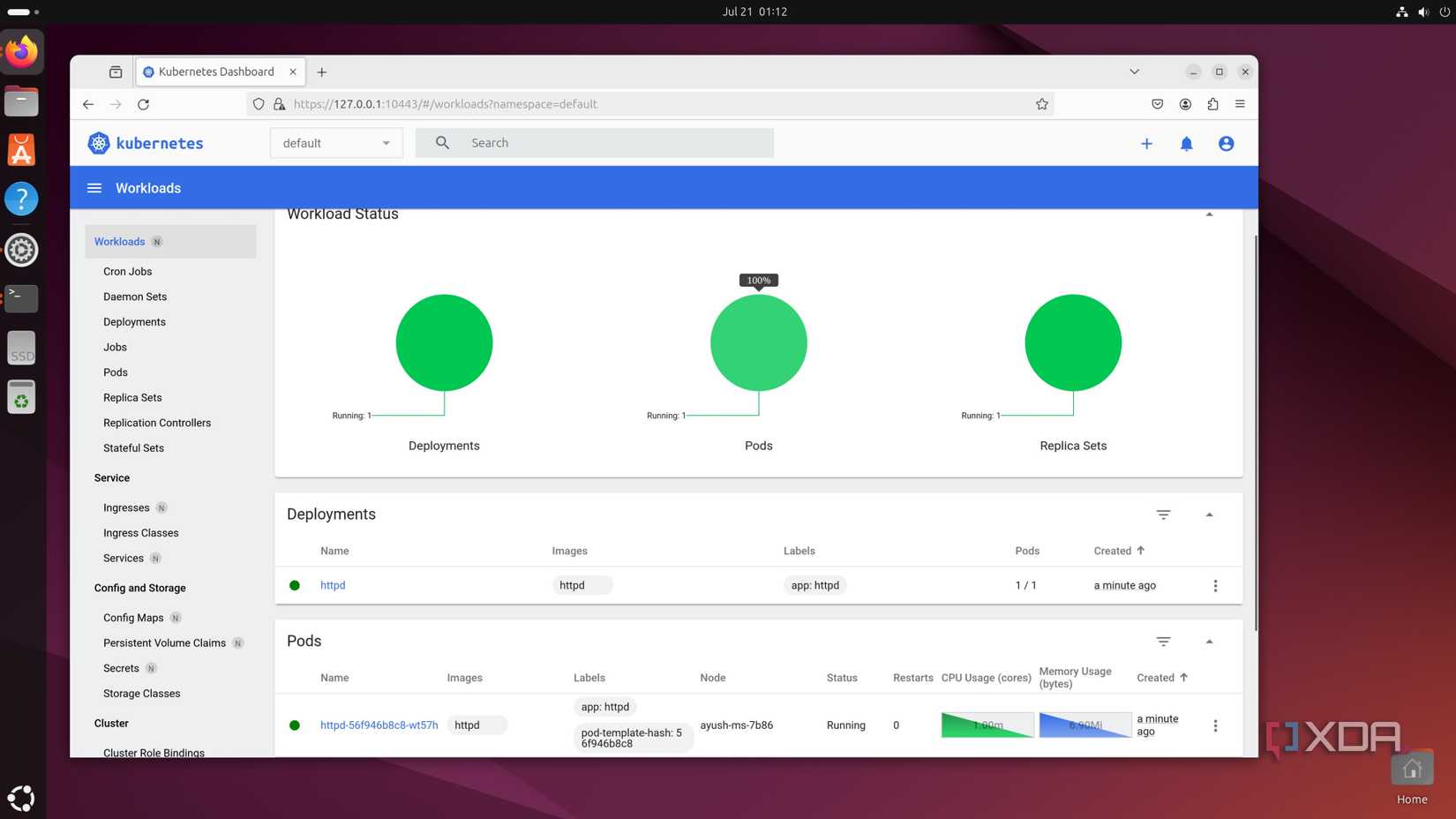 The MicroK8s Dashboard running on Ubuntu