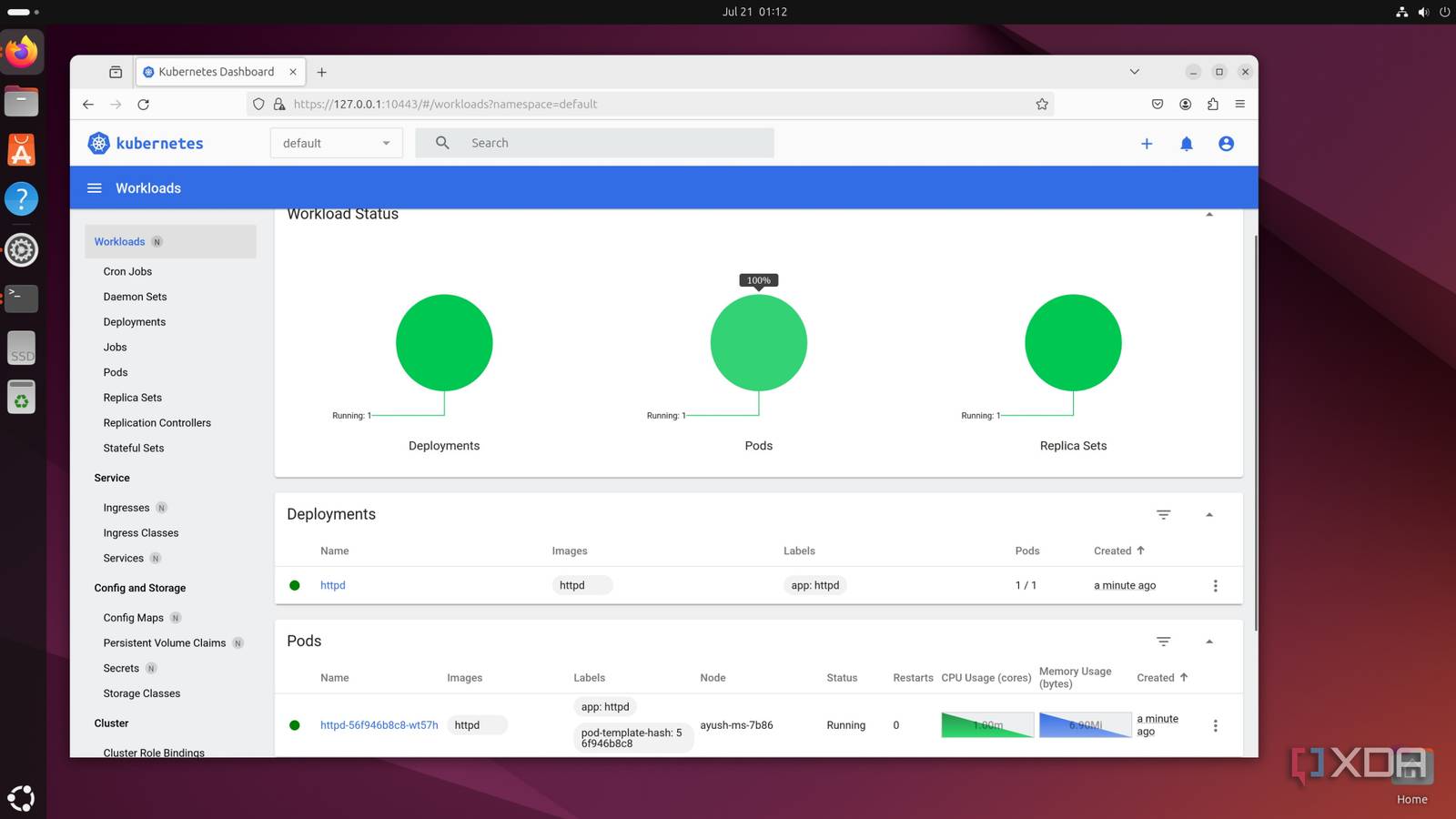 The MicroK8s Dashboard running on Ubuntu