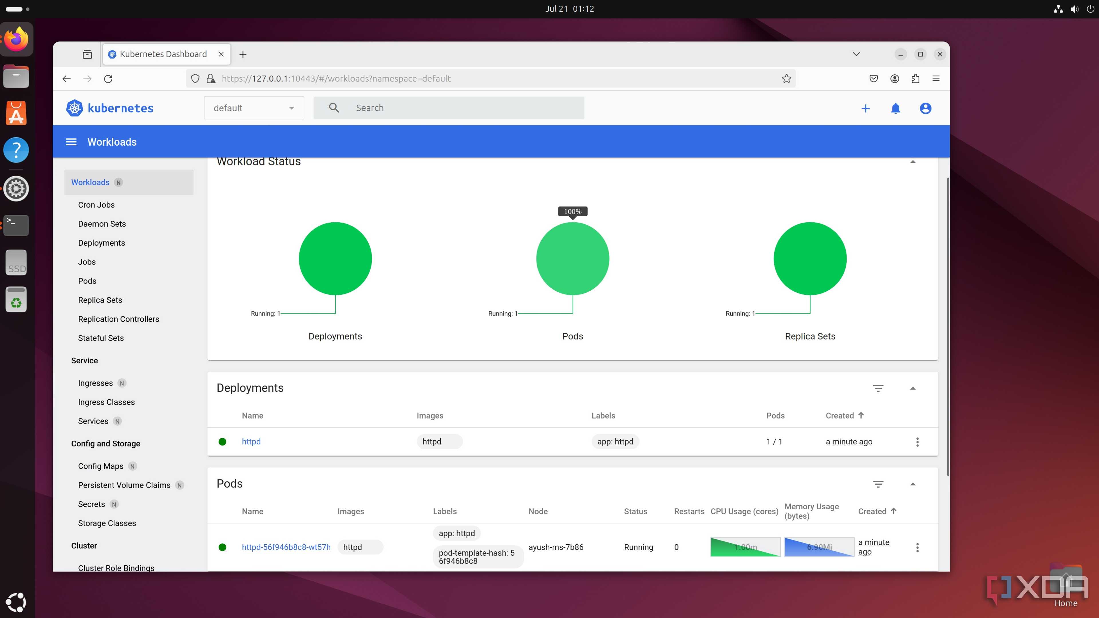The MicroK8s Dashboard running on Ubuntu