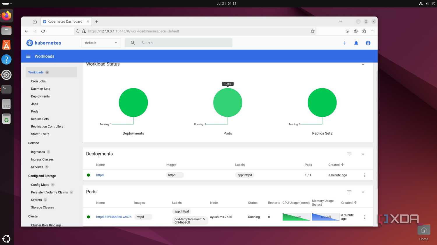 The MicroK8s Dashboard running on Ubuntu