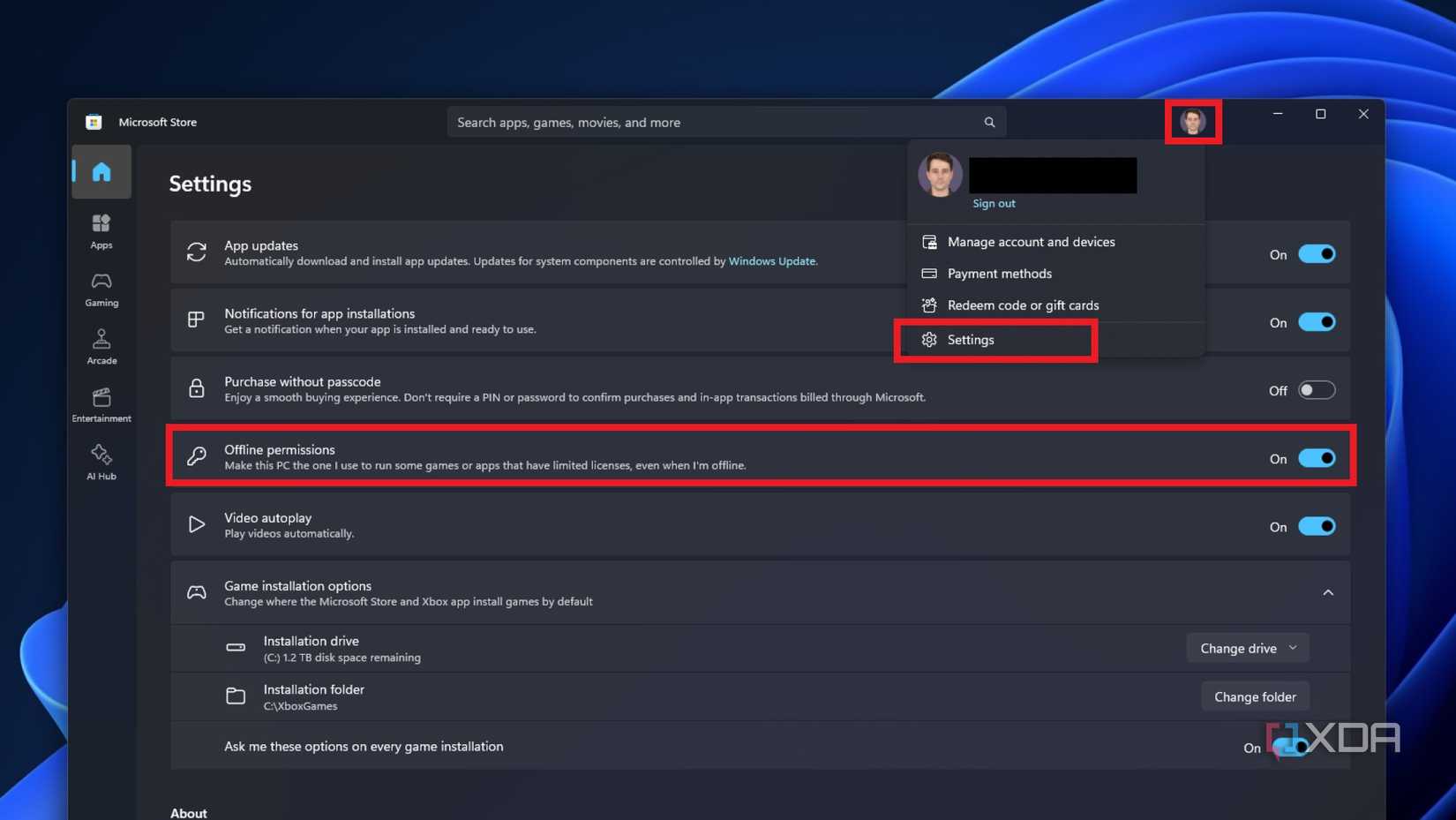 screenshot of microsoft store settings for offline permissions