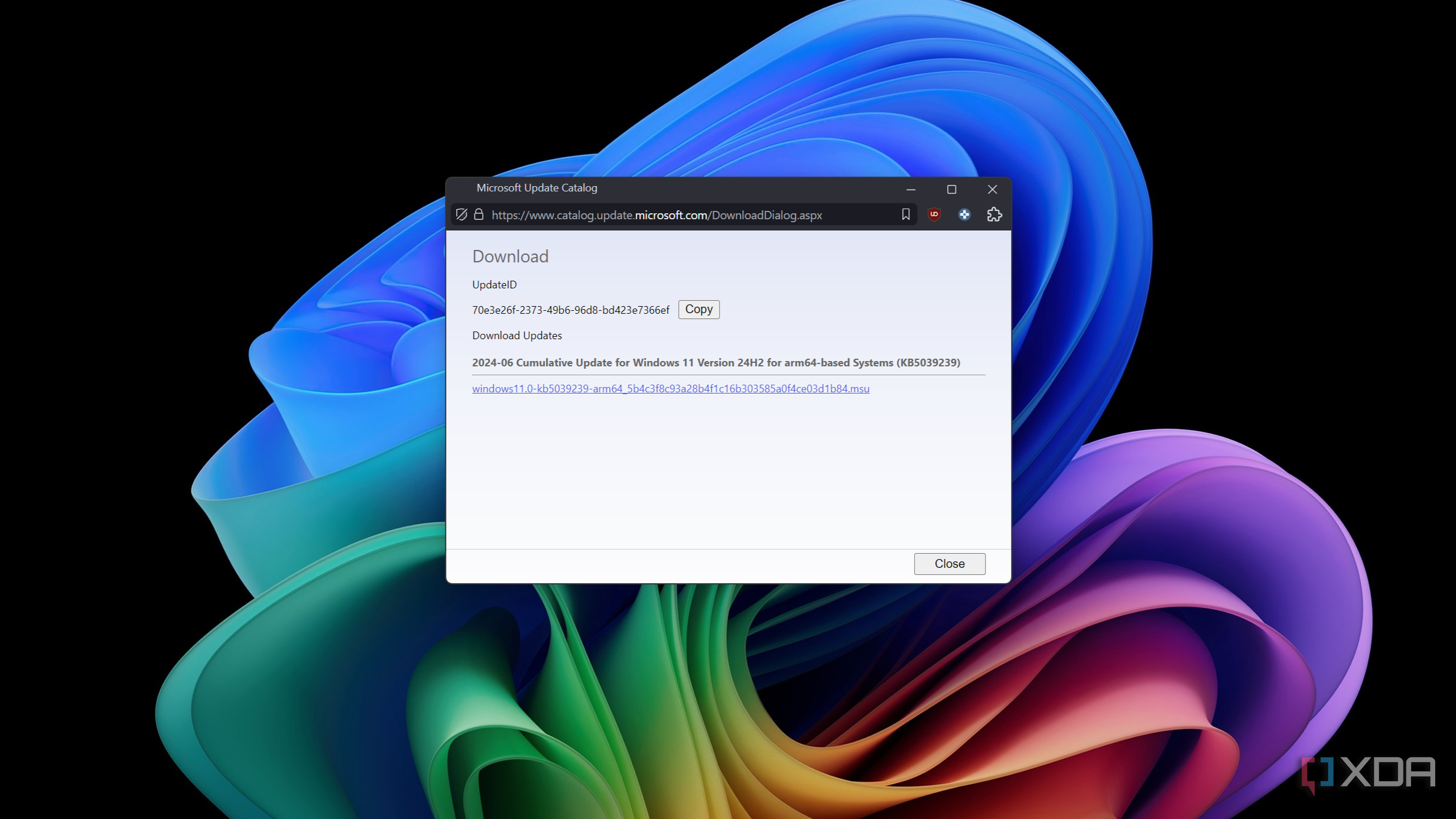 Screenshot of package files that can be downloaded for a given Windows update in Microsoft Update Catalog