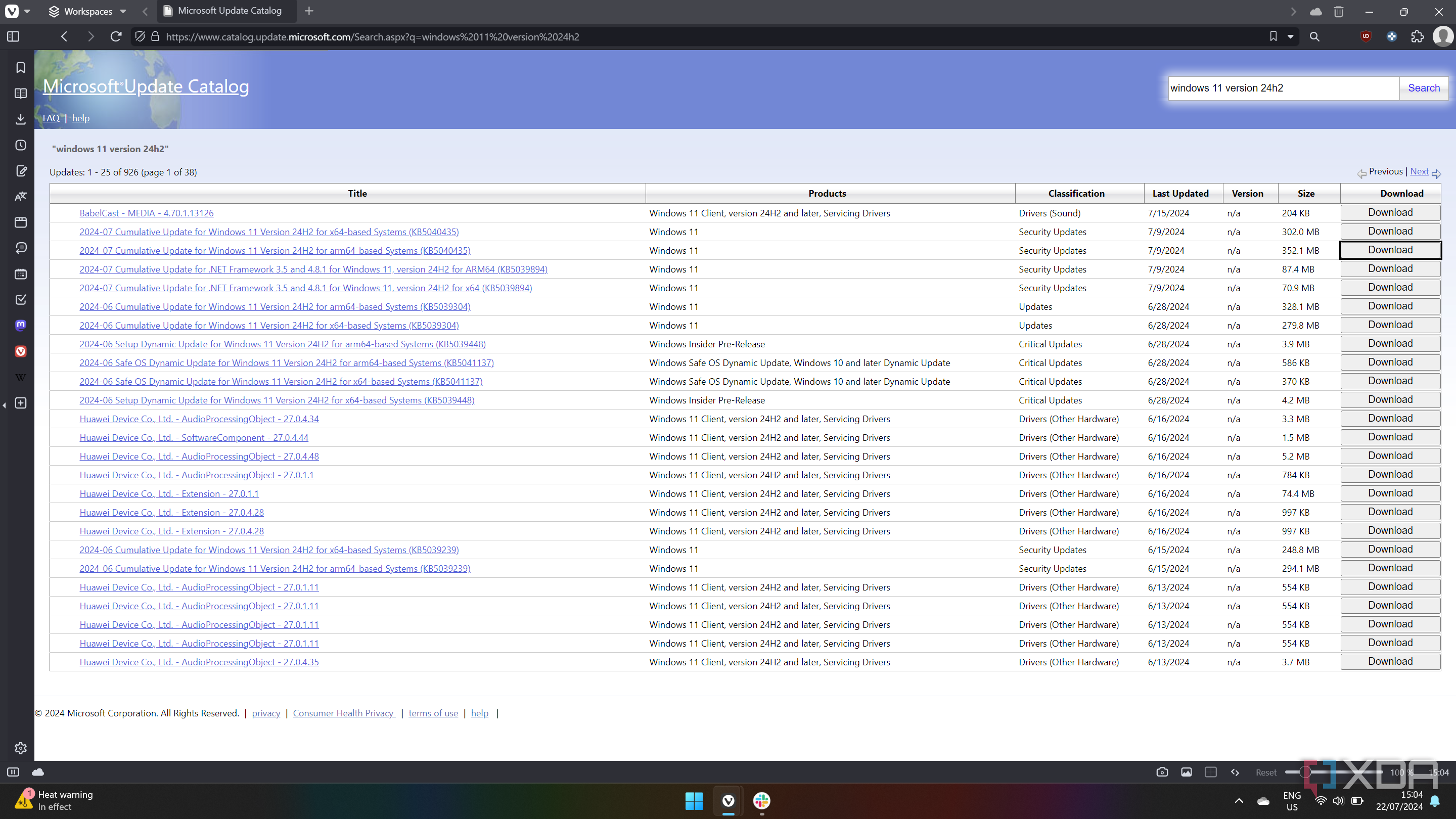 Screenshot of search results in Microsoft Update Catalog