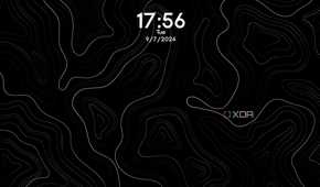 A wallpaper with white curvy lines and the date and time displayed