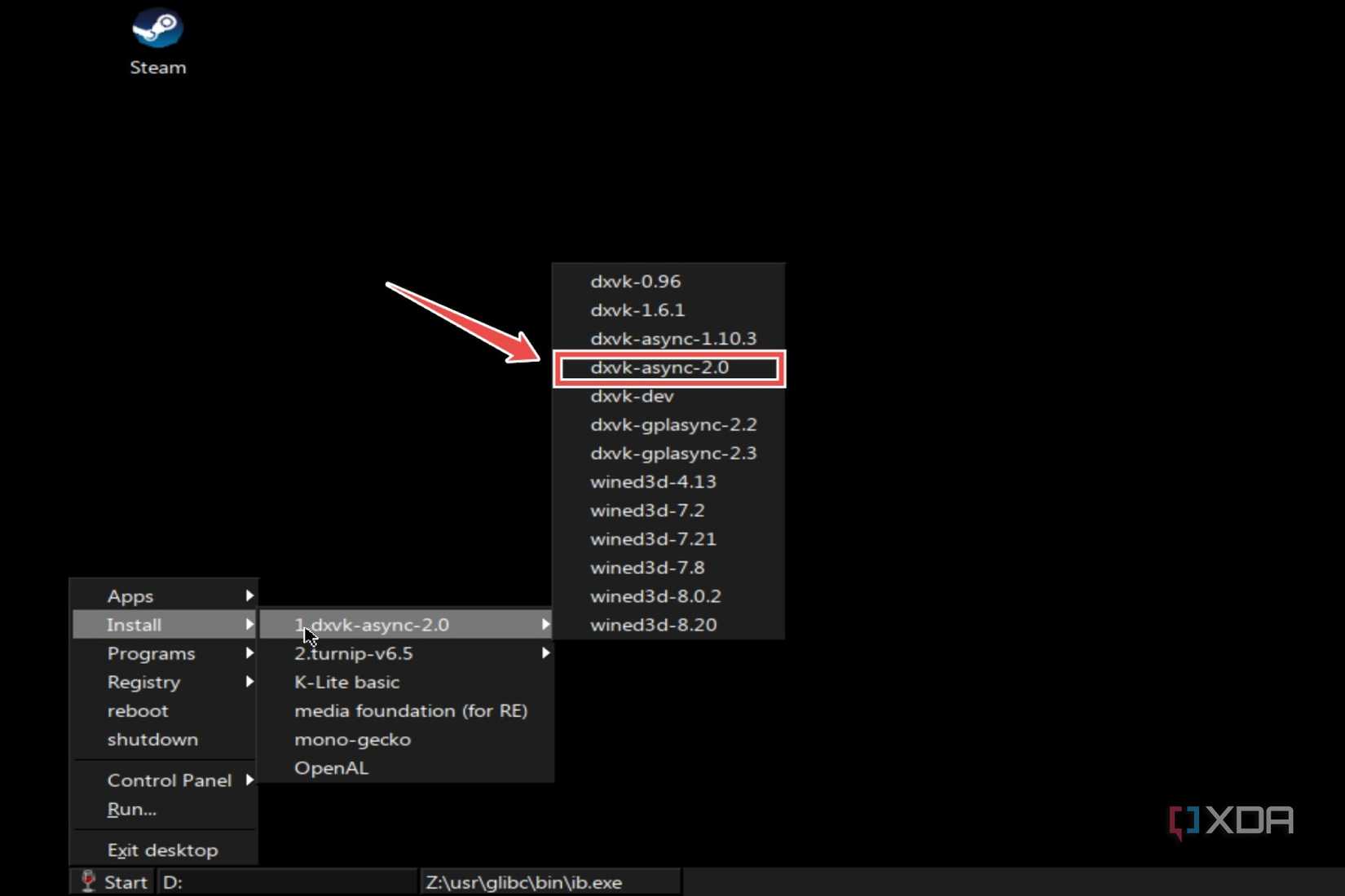 The procedure to set the dxvk version in Mobox
