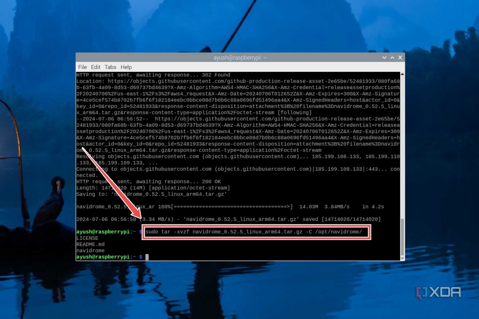 The terminal command to extract the Navidrome.tar.gz package