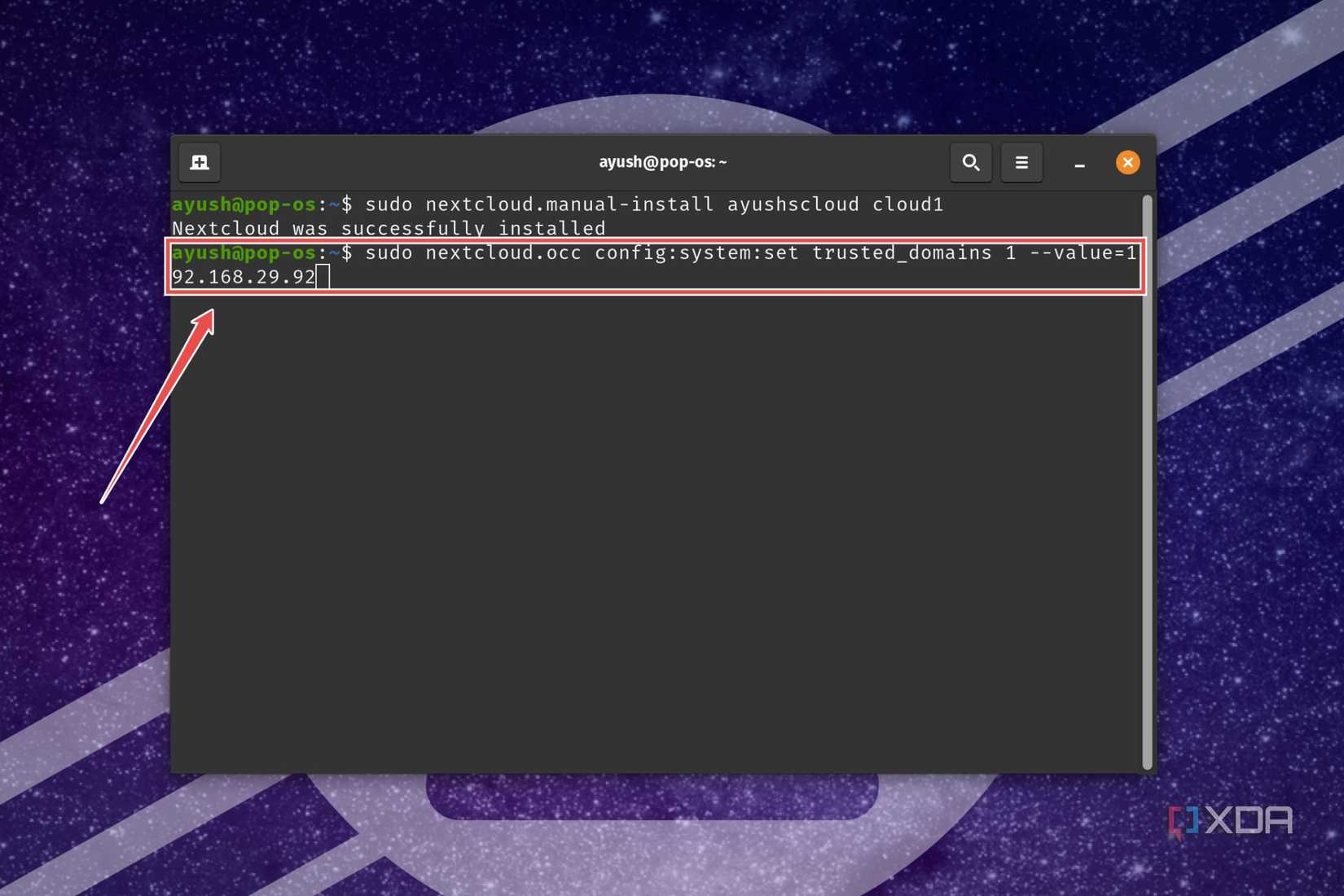 The terminal command to add a trusted domain in Nextcloud
