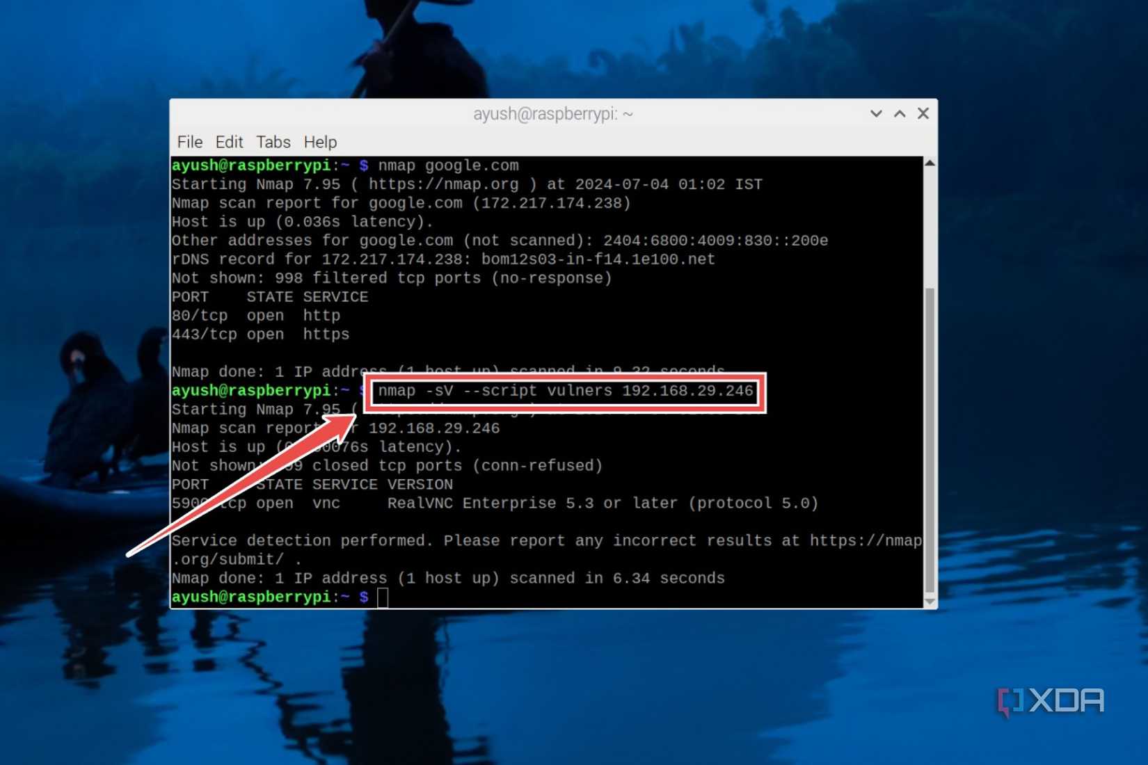 The Nmap command with the vulners script