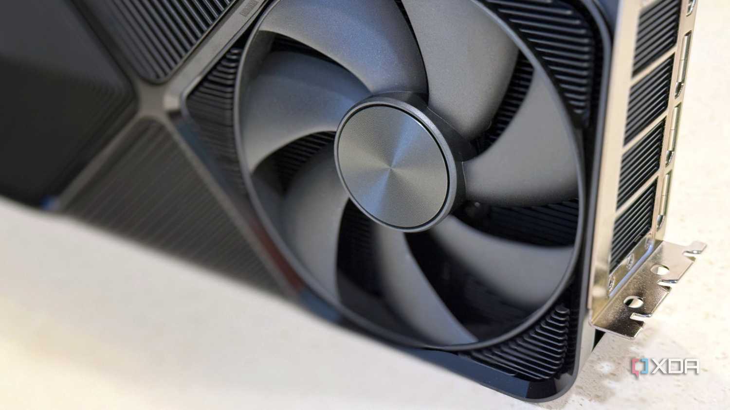 closeup of the fan on an nvidia geforce rtx 4080 super fe graphics card