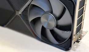closeup of the fan on an nvidia geforce rtx 4080 super fe graphics card