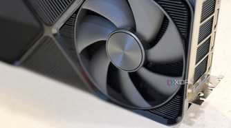 closeup of the fan on an nvidia geforce rtx 4080 super fe graphics card