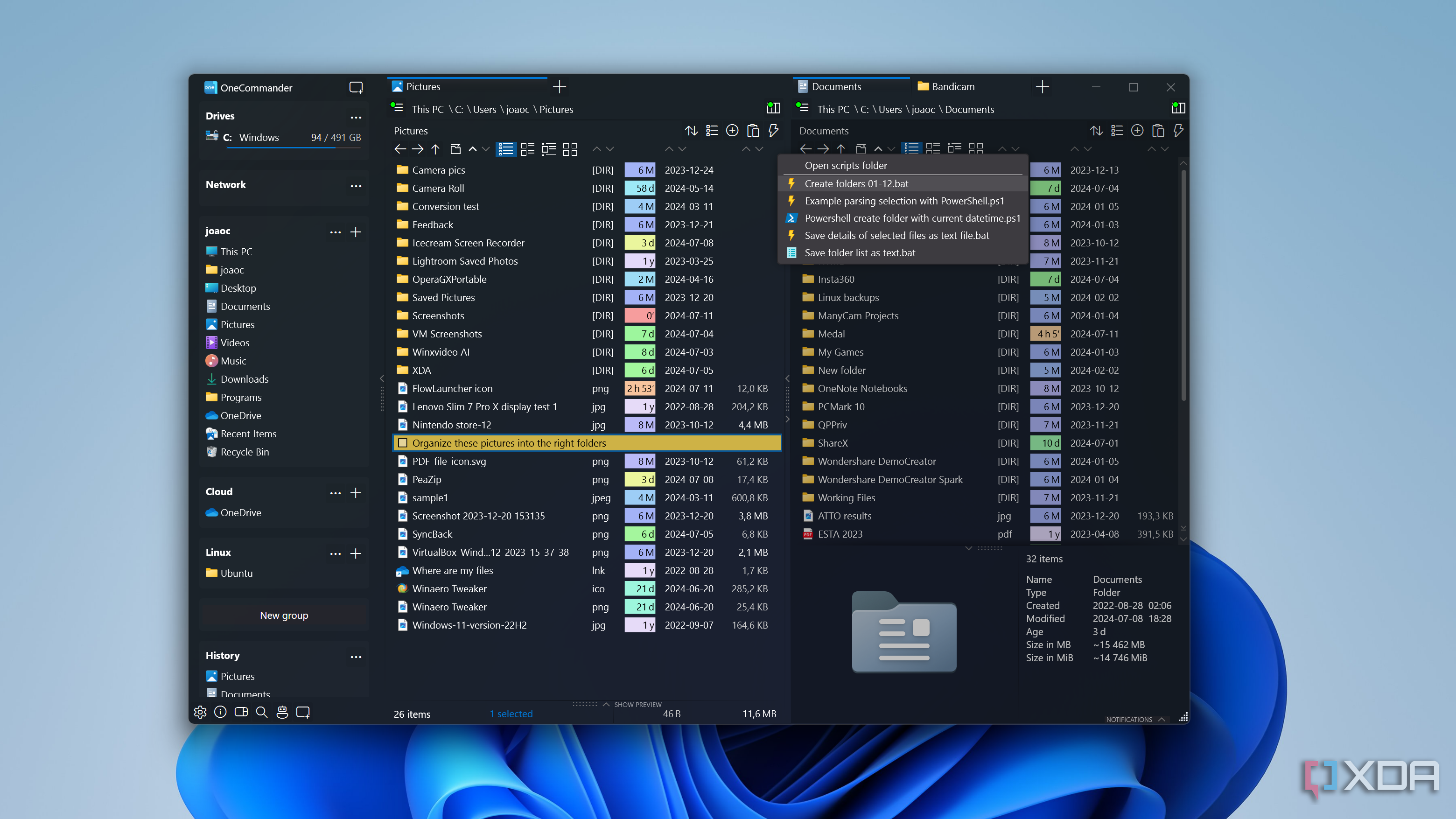 Screenshot of OneCommander showing the scripts menu in a folder