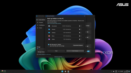 Screenshot of OneDrive on Windows with folder backup disabled for all folders