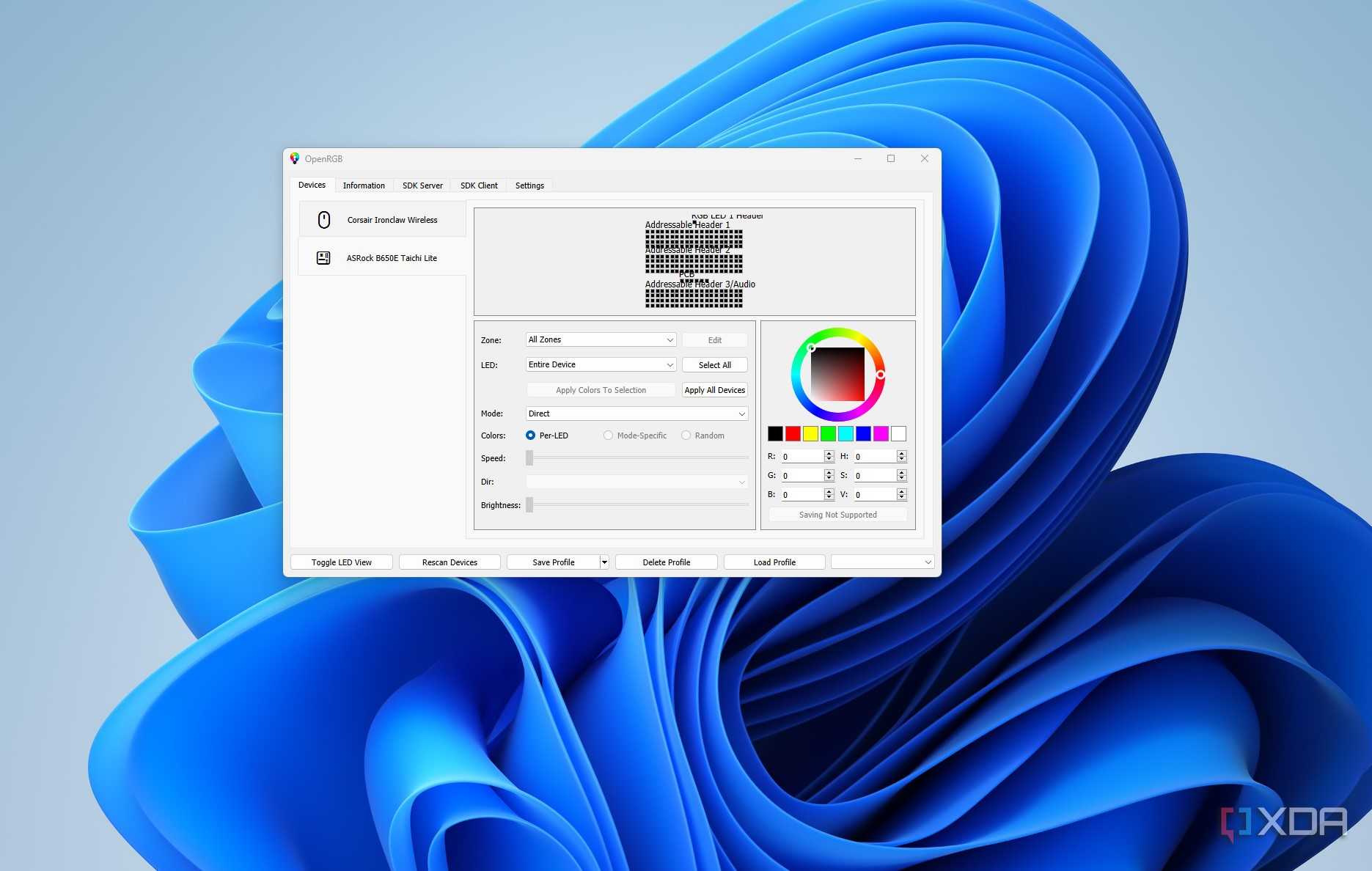Image showing the OpenRGB Devices Tab