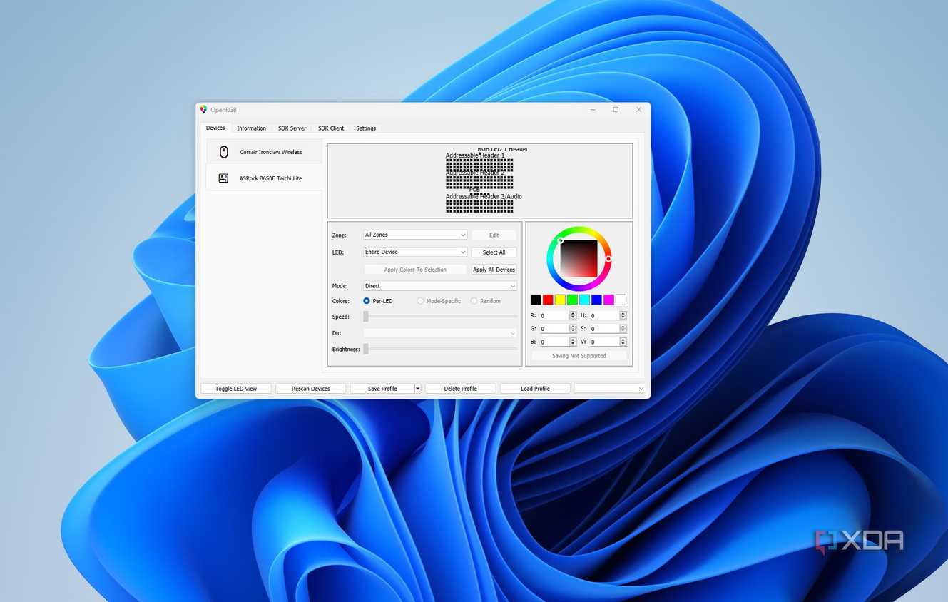 Image showing the OpenRGB Devices Tab