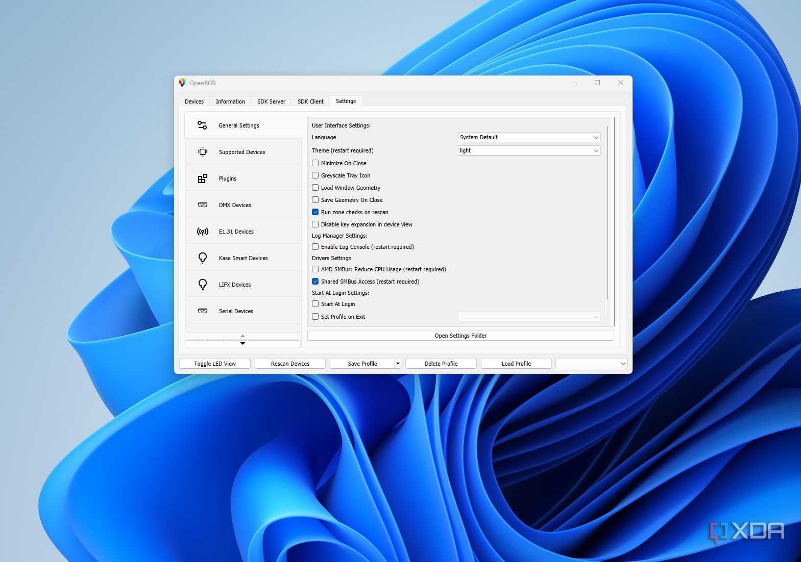 Image showing the OpenRGB settings tab