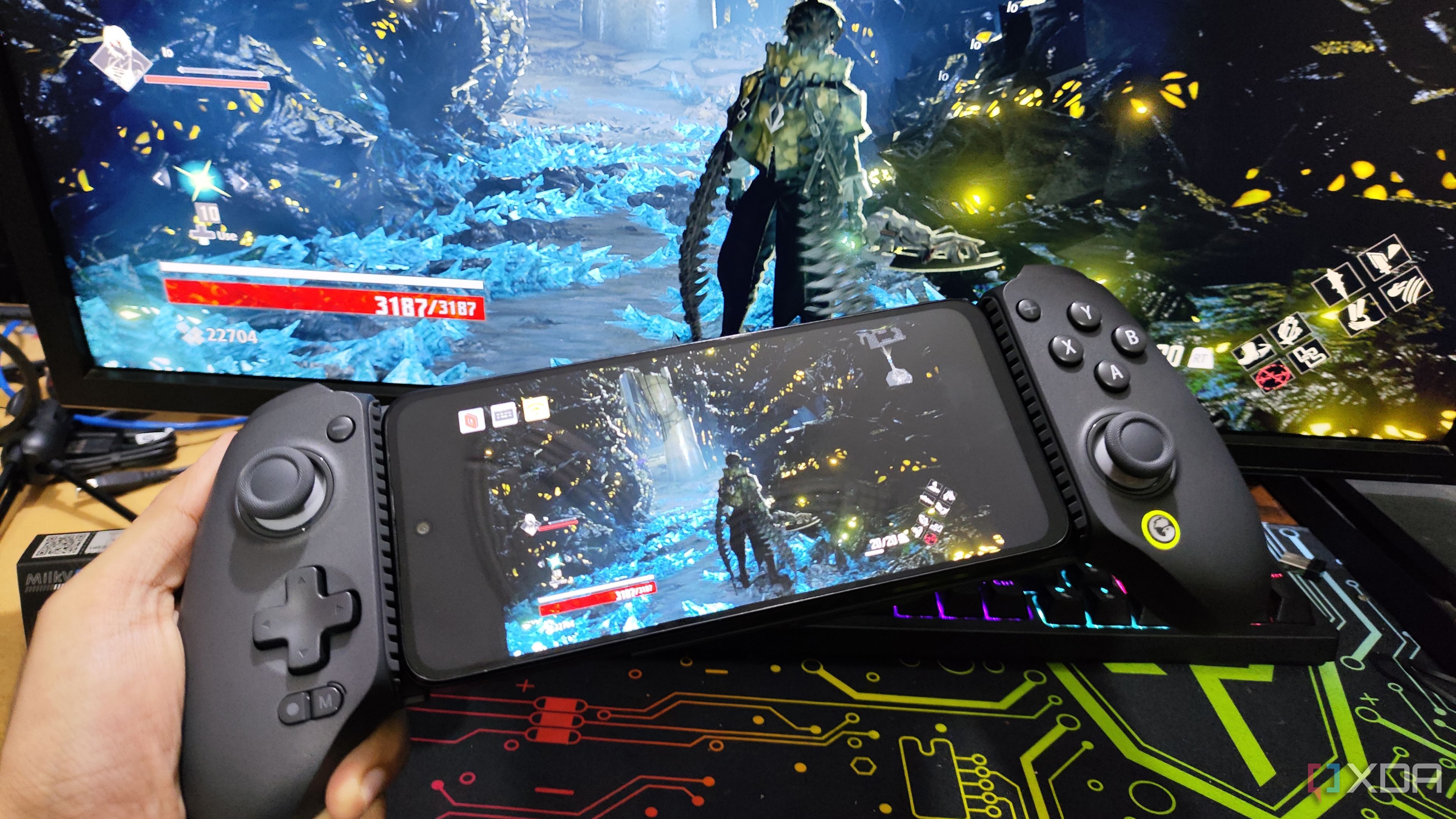 Code Vein being streamed to a Poco M6 Pro via Parsec, with the phone attached to a GameSir Galileo G8+