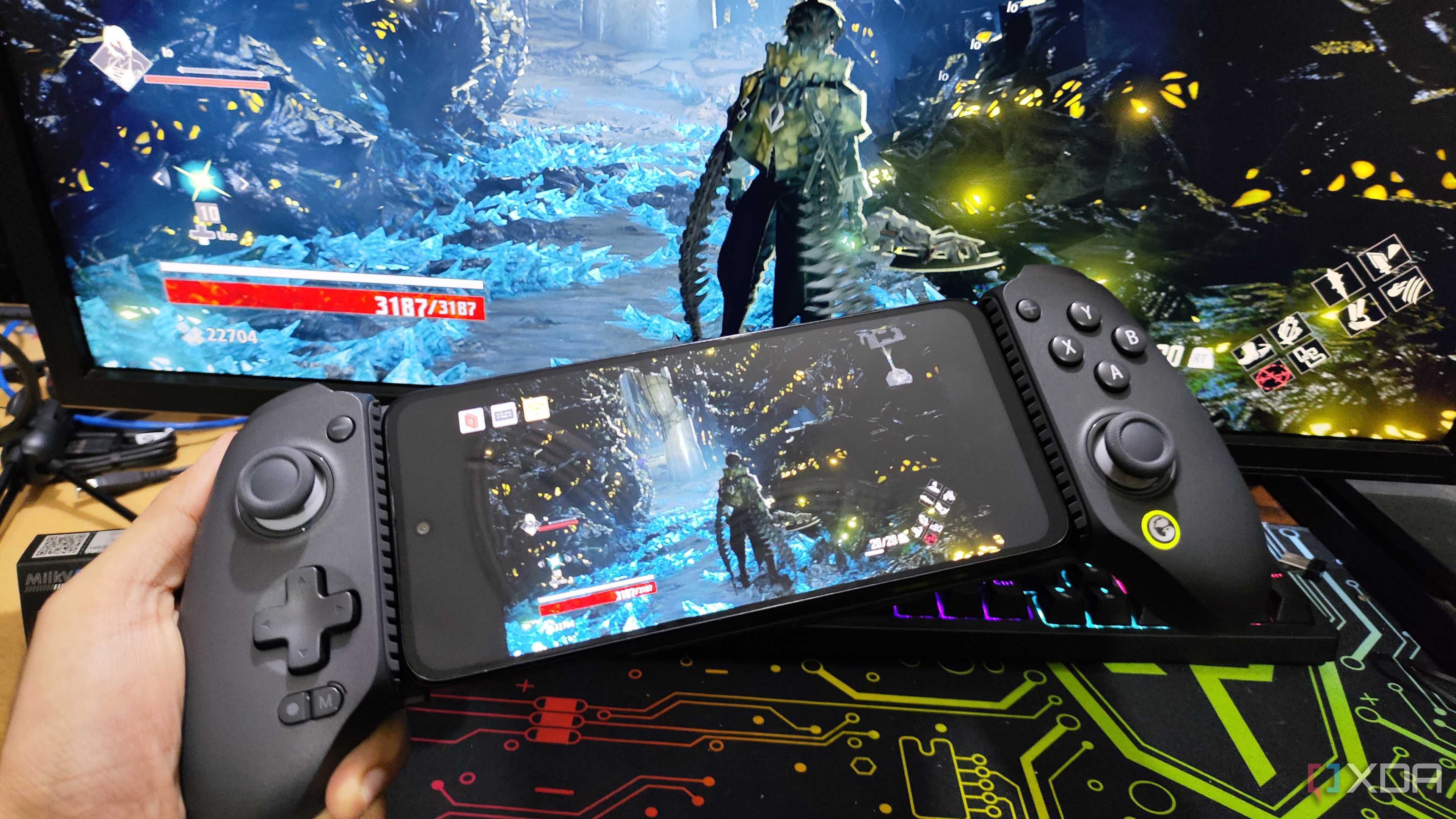Code Vein being streamed to a Poco M6 Pro via Parsec, with the phone attached to a GameSir Galileo G8+