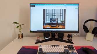 A PC setup with a plant on the desk next to the monitor and keyboard