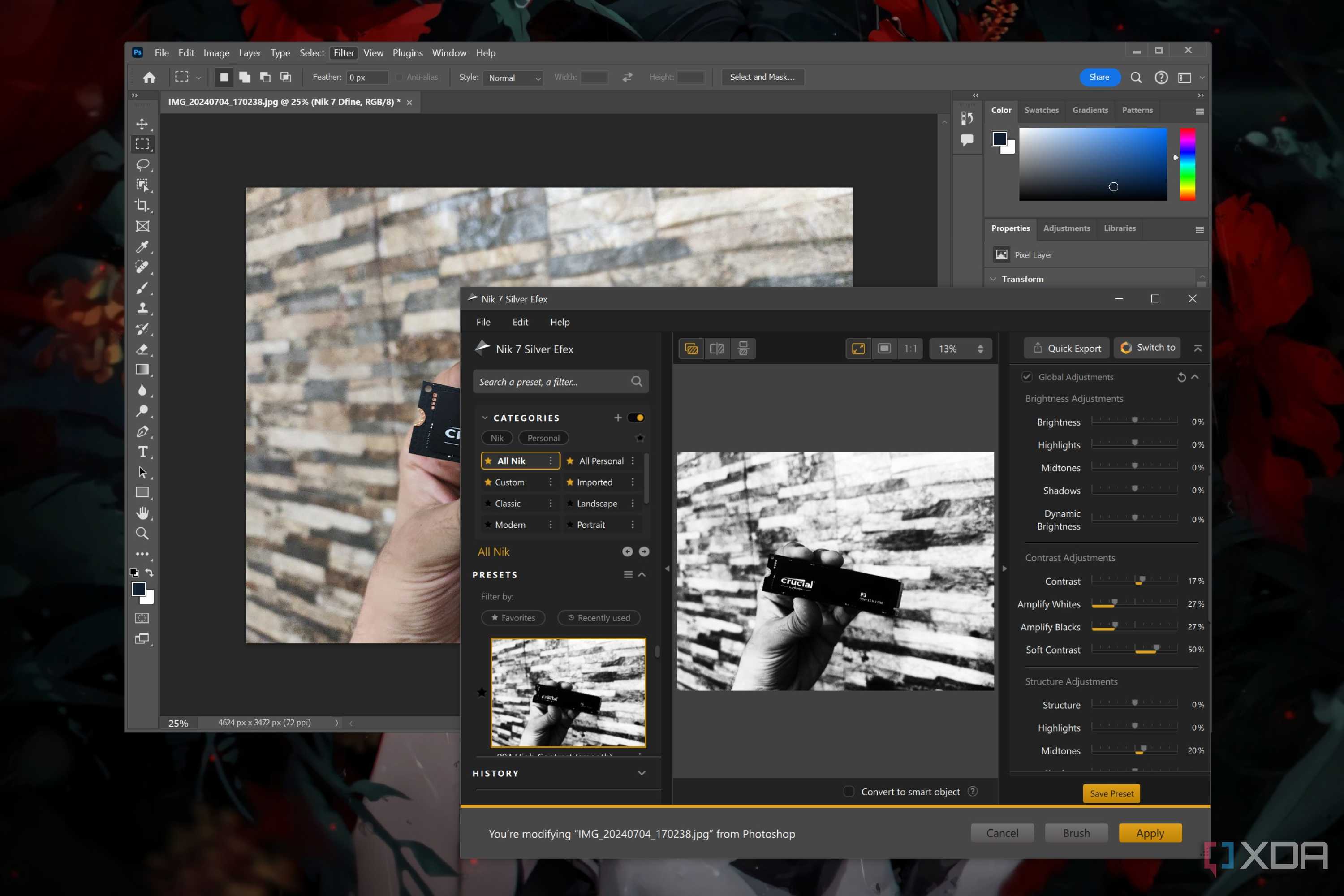 Editing an image in Adobe Photoshop with the help of Nik 7 Silver Efex