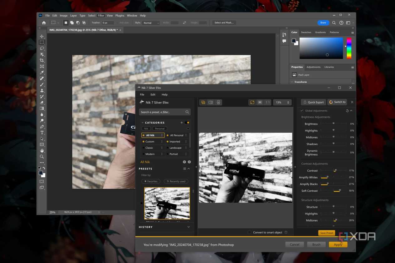 Editing an image in Adobe Photoshop with the help of Nik 7 Silver Efex