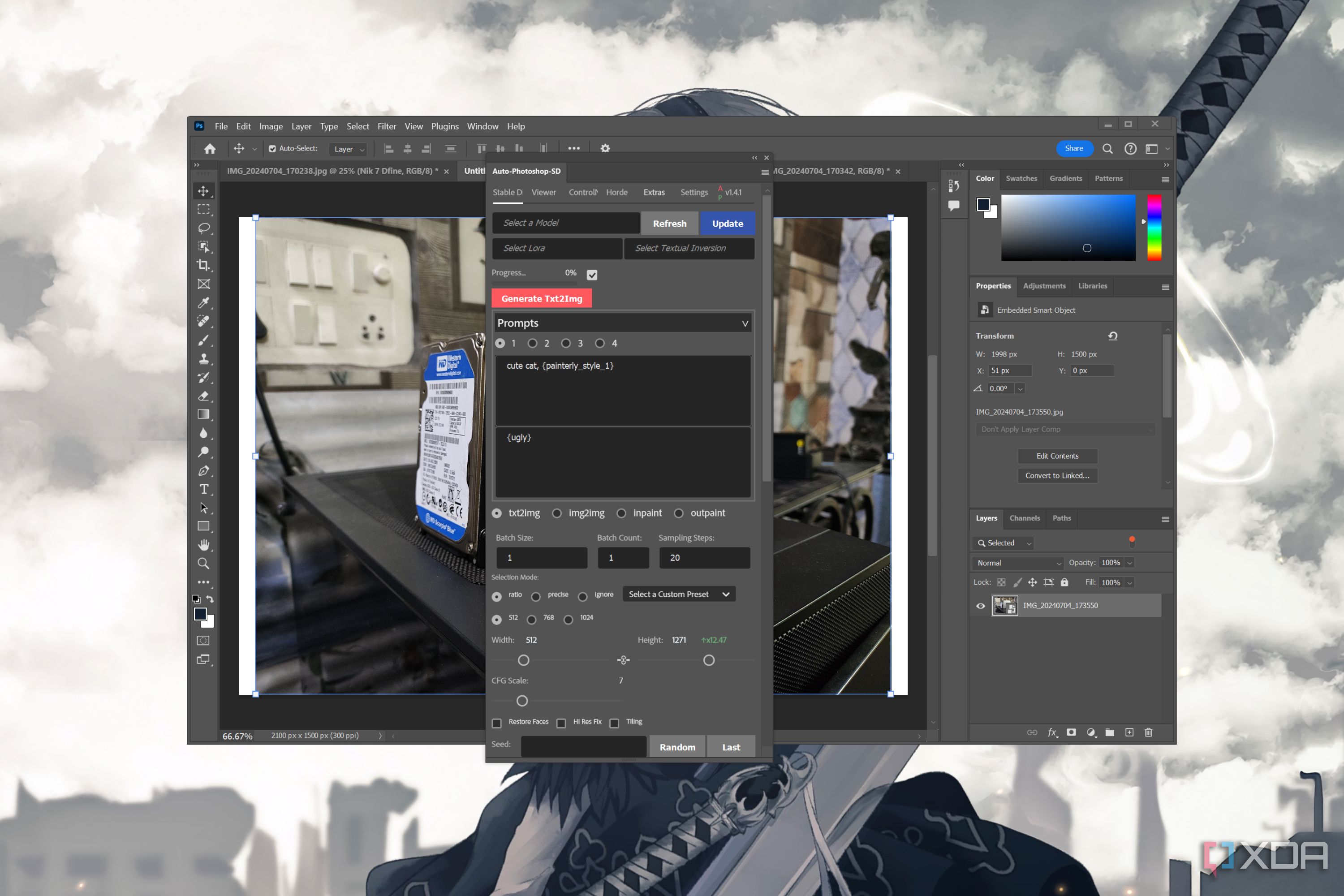 Adding an AI-generated image in Adobe Photoshop with the help of Auto Photoshop Stable Diffusion 