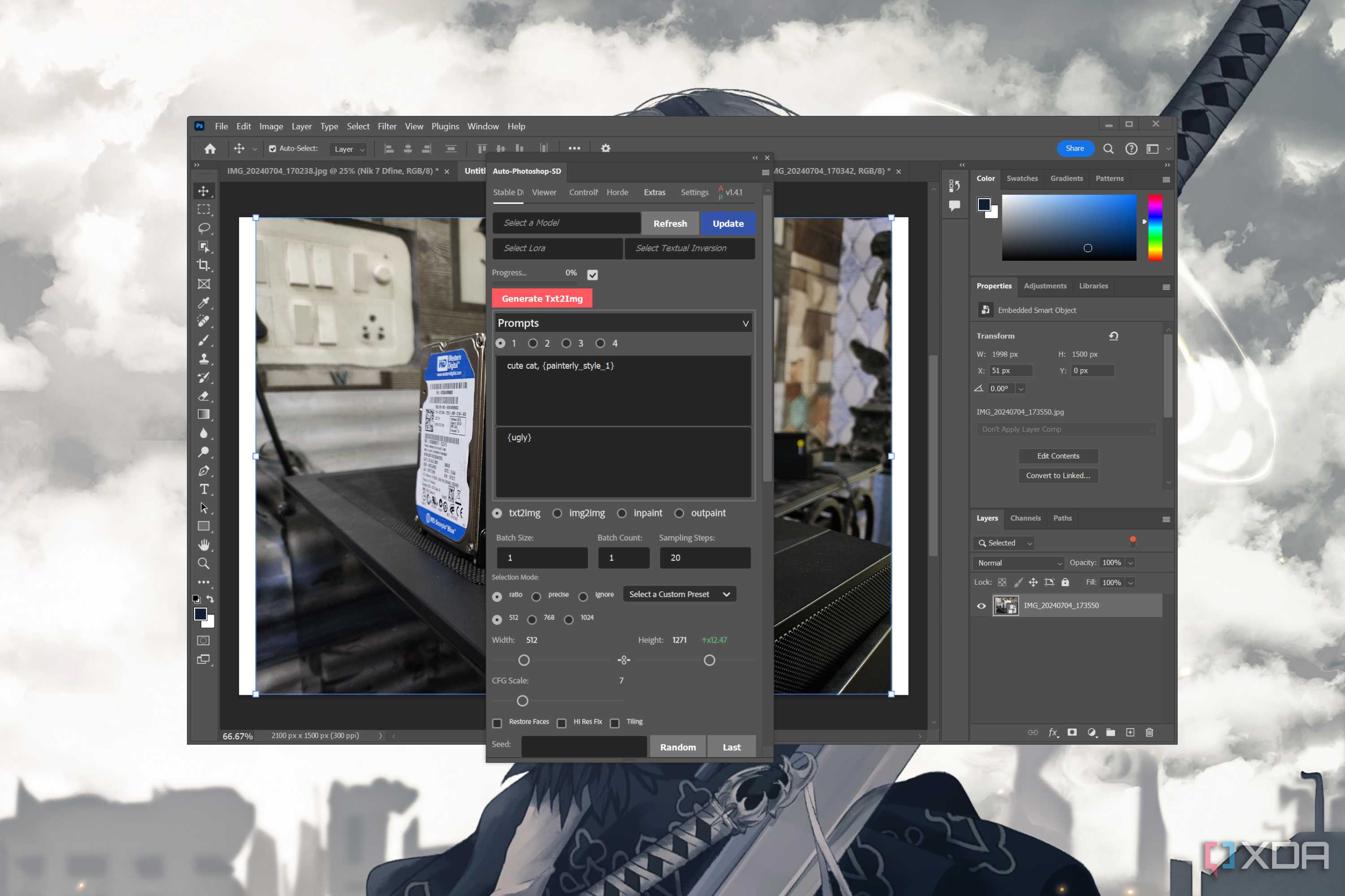 Adding an AI-generated image in Adobe Photoshop with the help of Auto Photoshop Stable Diffusion