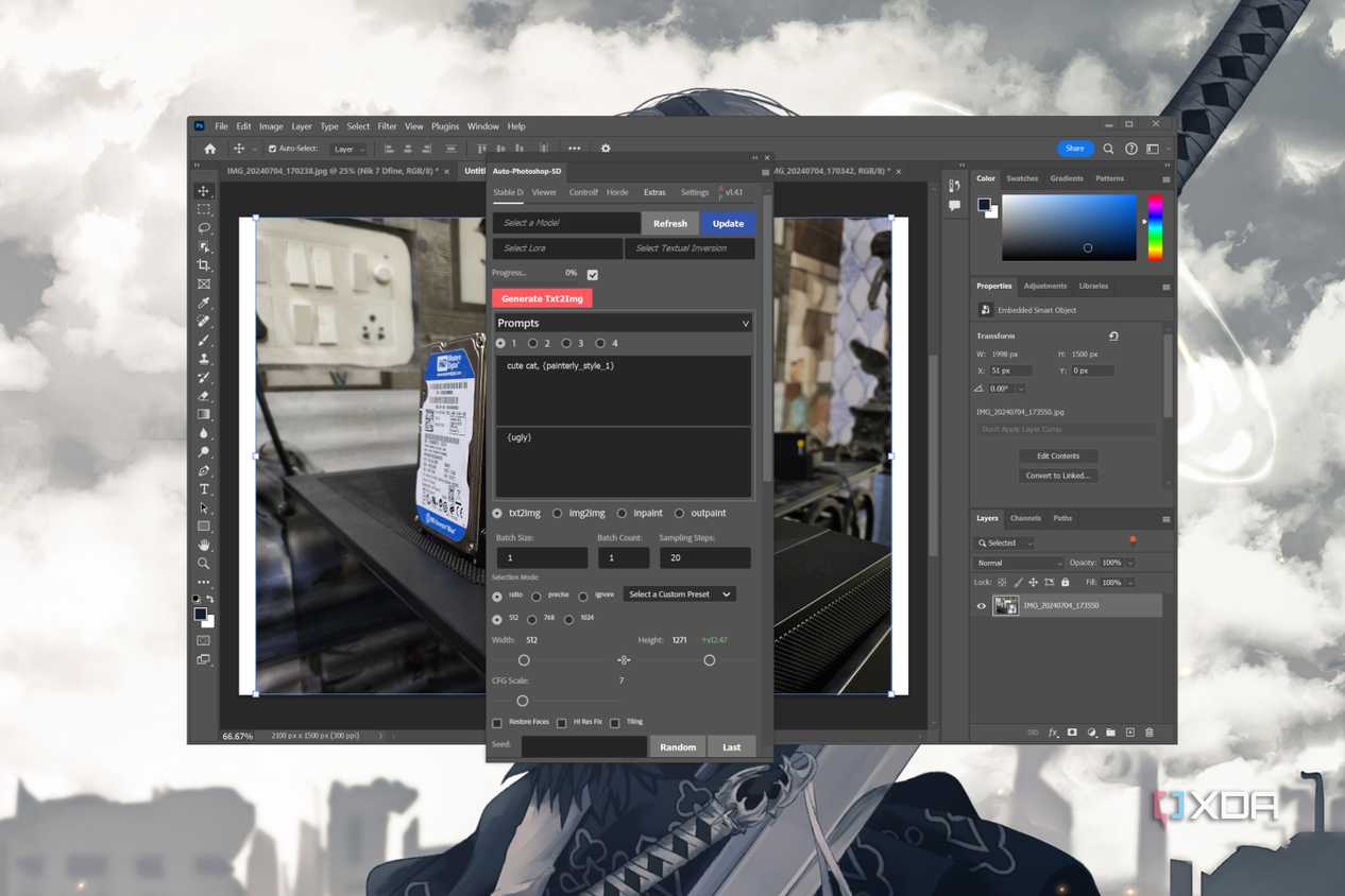 Adding an AI-generated image in Adobe Photoshop with the help of Auto Photoshop Stable Diffusion