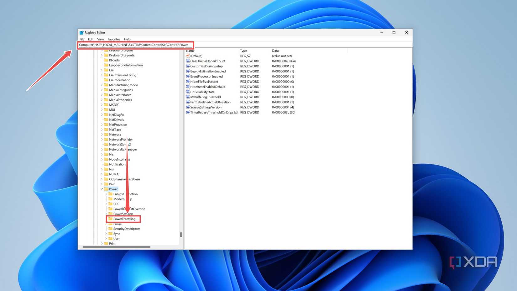 Creating the PowerThrottling key in the Registry Editor