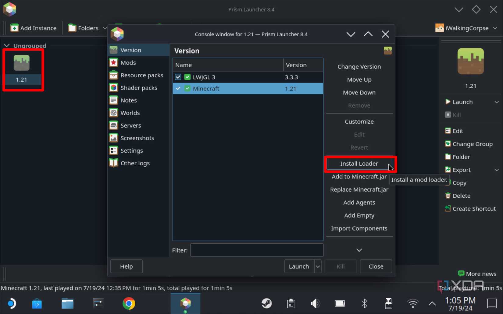 screenshot of prism launcher with install loader highlighted