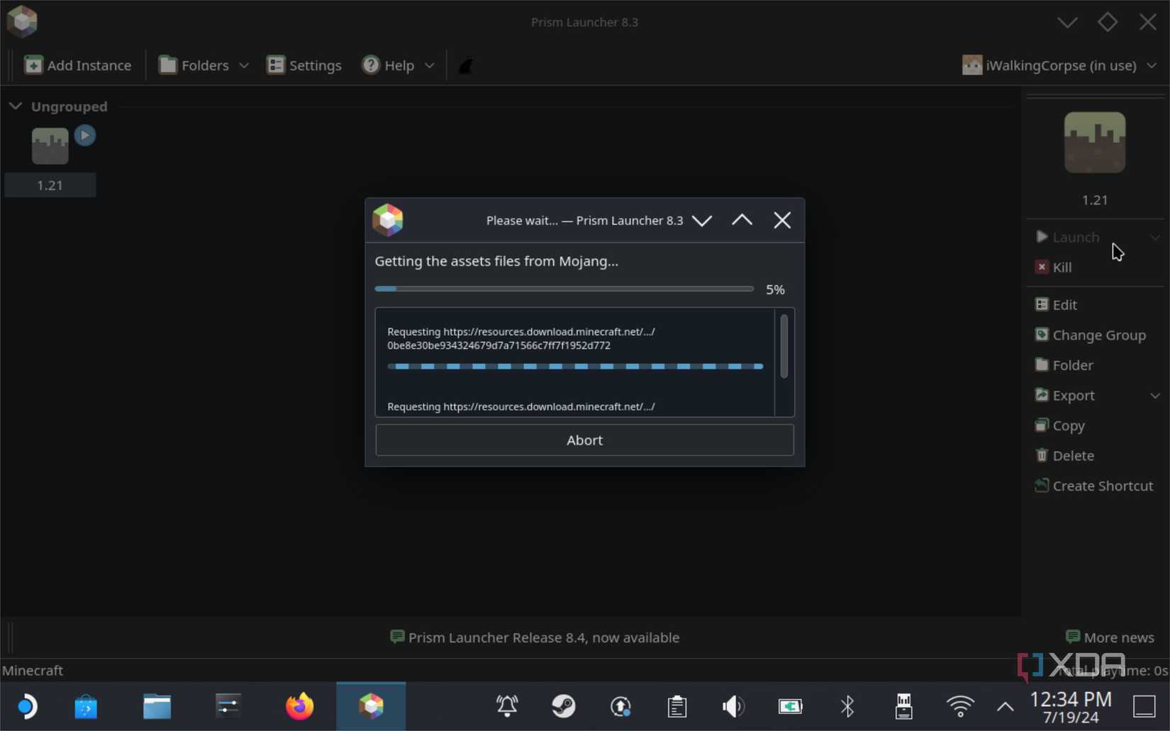 screenshot of prism launcher downloading minecraft assets