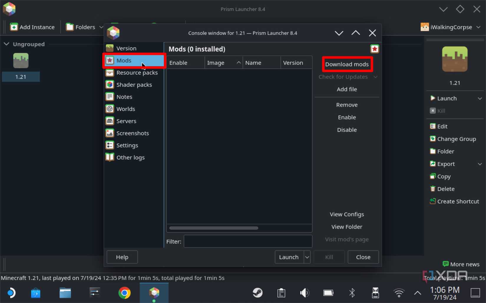 screenshot of prism launcher using fabric to download mods