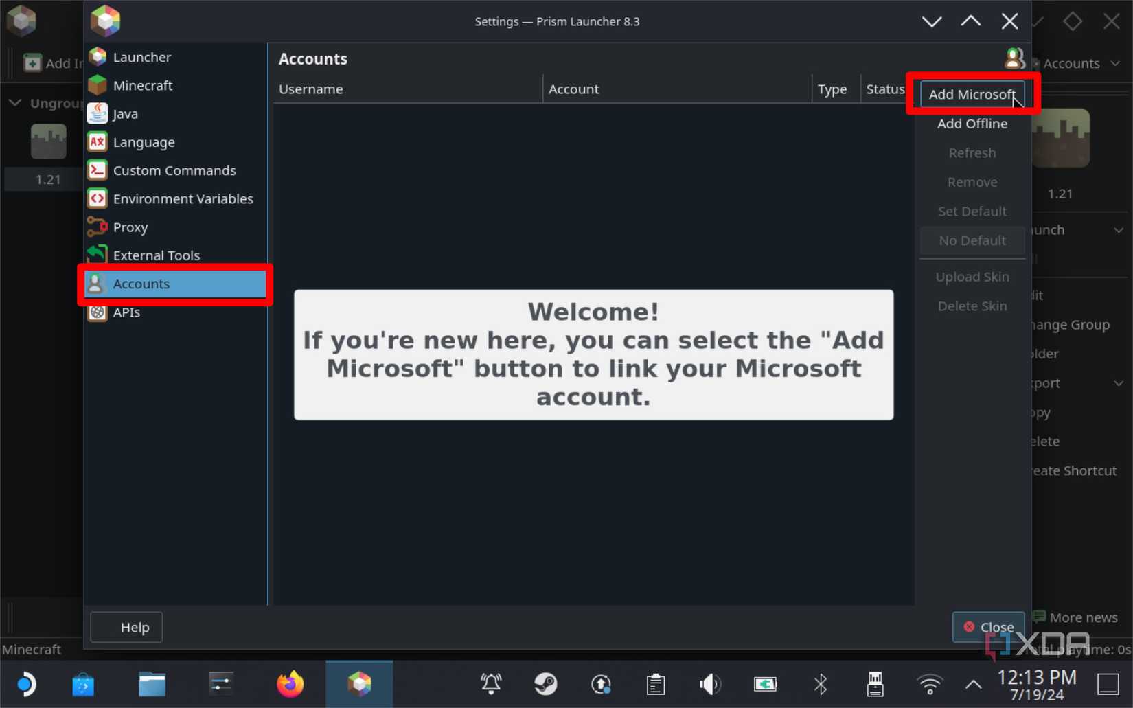 screenshot of prism launcher adding a microsoft account