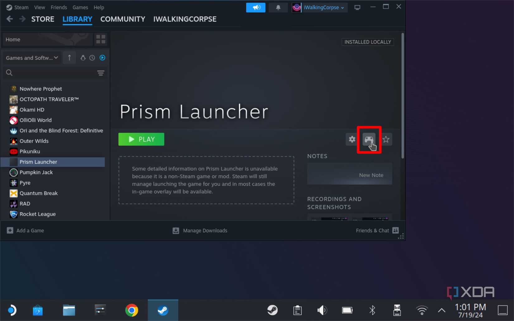 screenshot of prism launcher in steam library with controller options icon highlighted