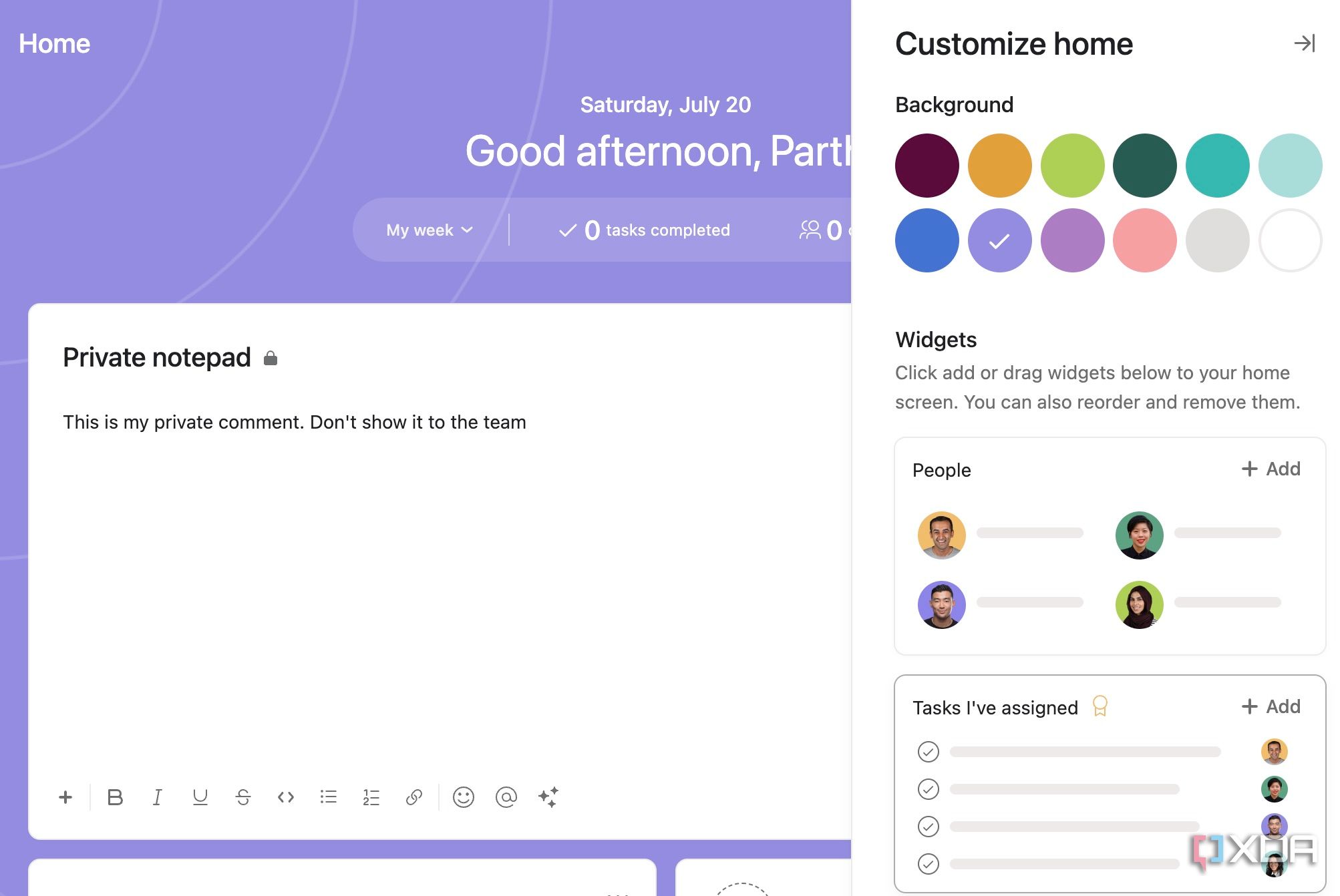 asana home customization