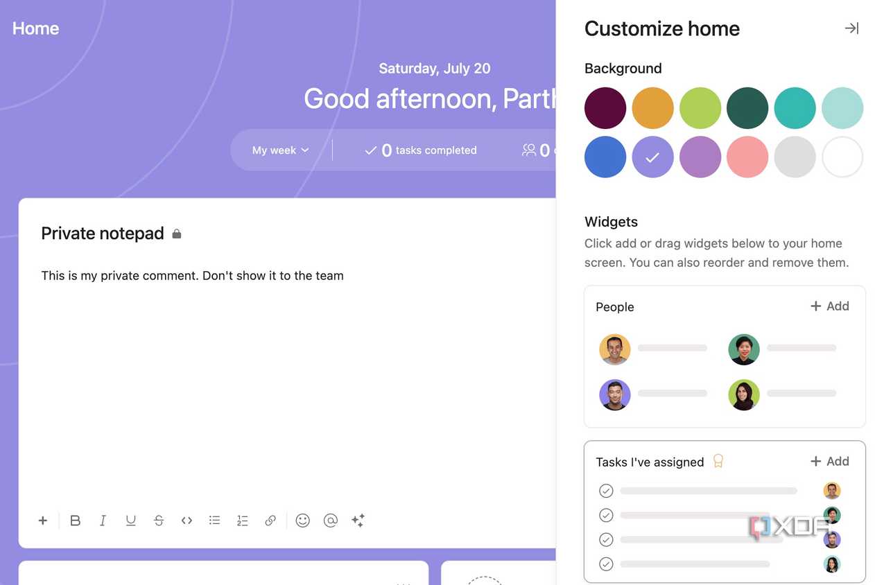 asana home customization