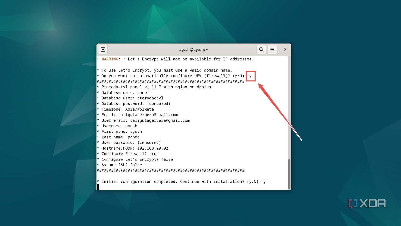 The procedure to automatically configure the UFW firewall settings in the Pterodactyl installer in Debian
