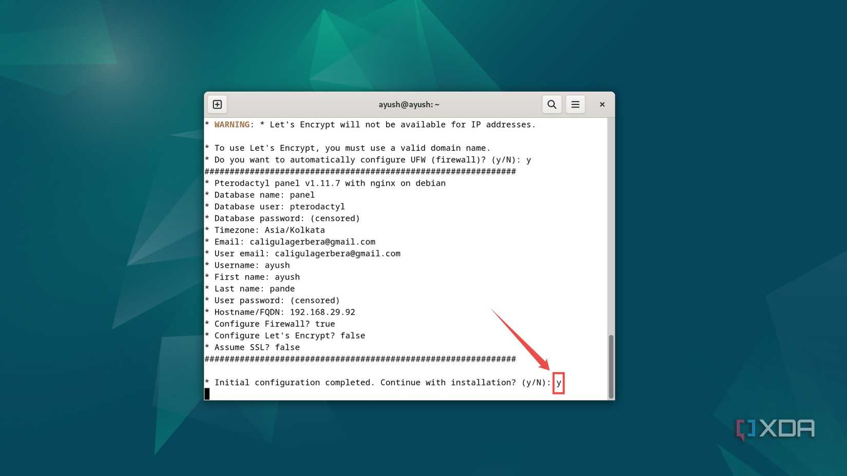 Tapping y to finish setting up Pterodactyl on Debian