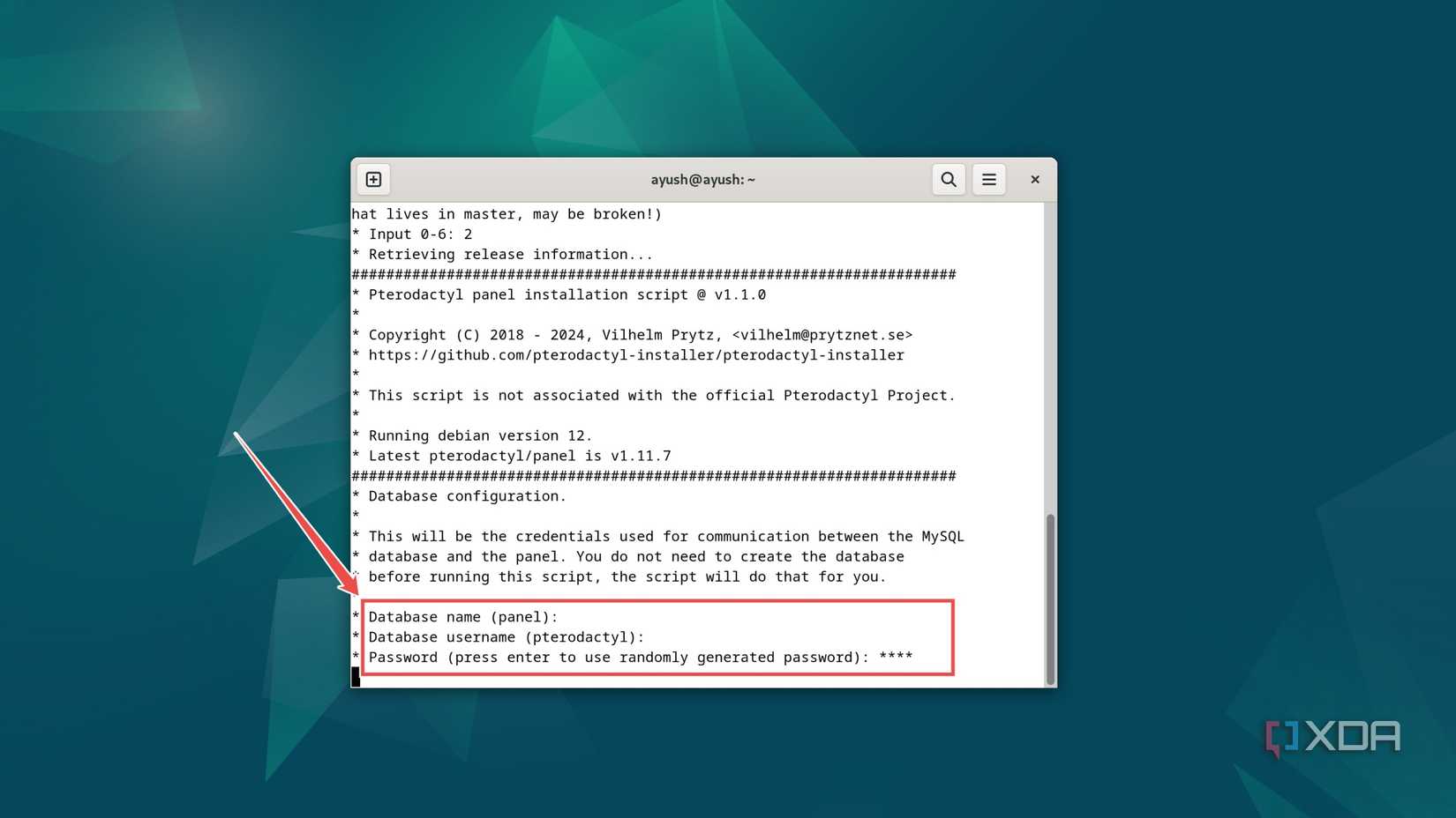 The procedure to enter the database details for Pterodactyl in Debian