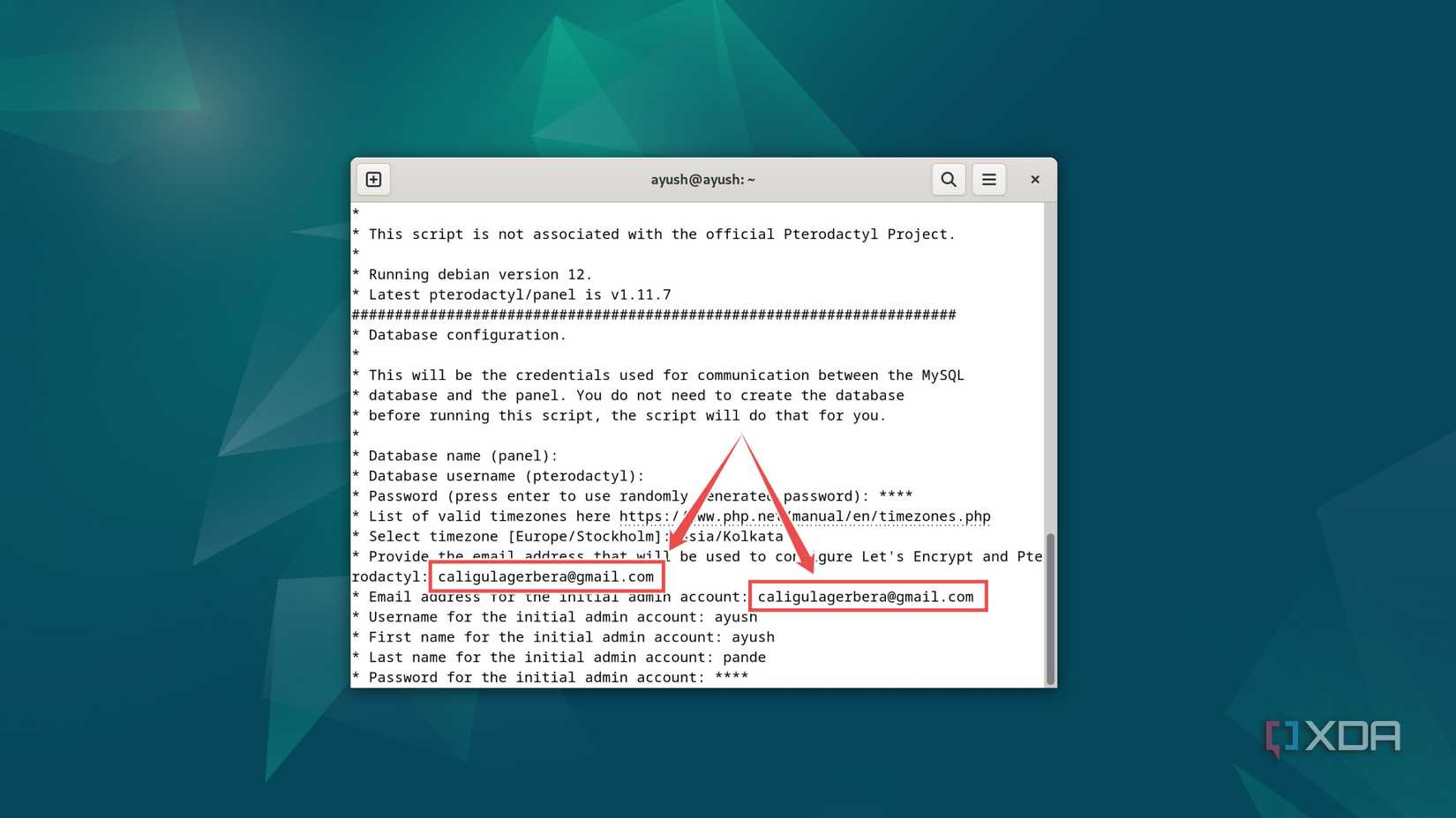 The procedure to enter the email address in the Pterodactyl installer in Debian
