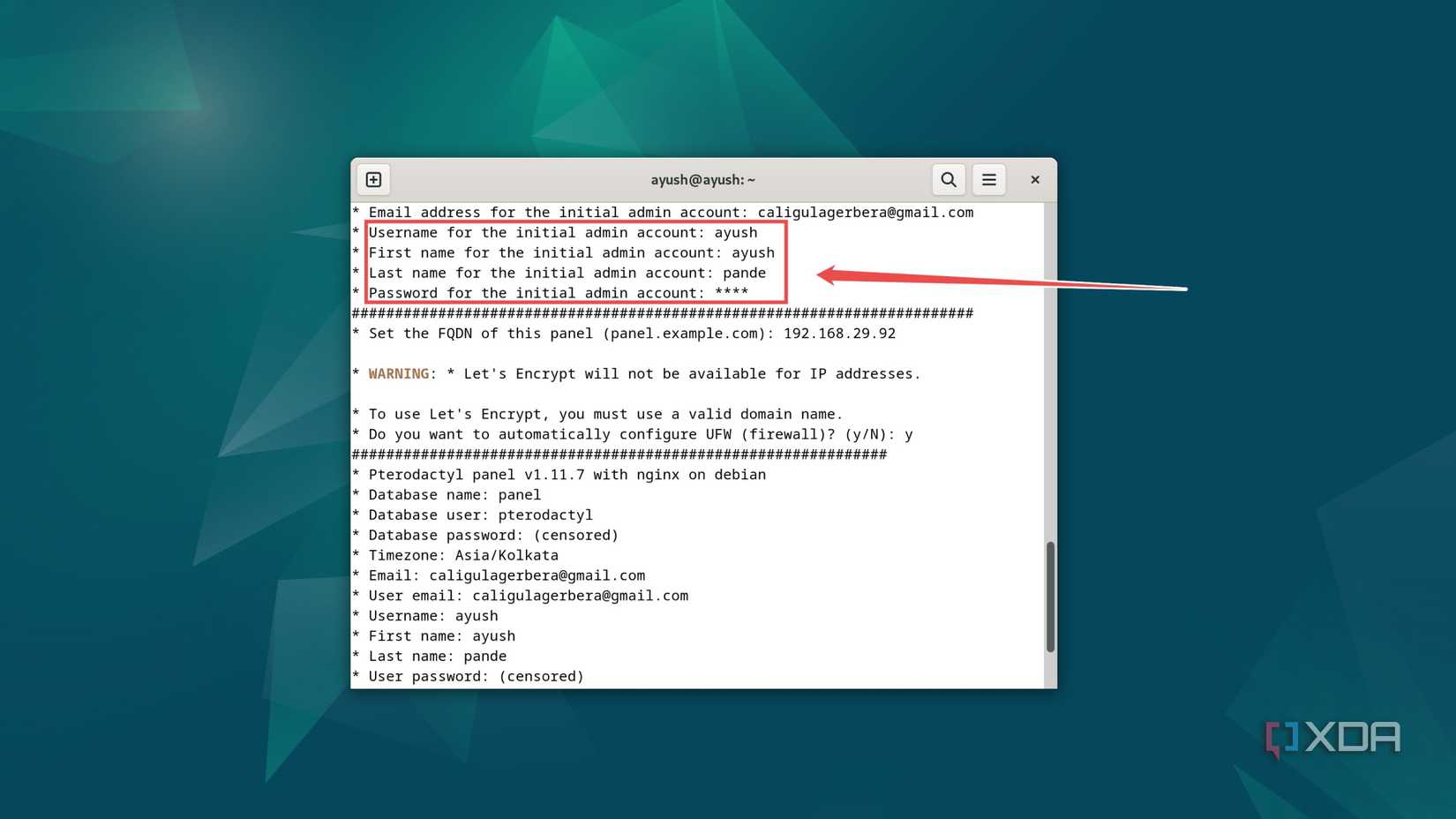 The procedure to enter the admin account details in the Pterodactyl installer in Debian